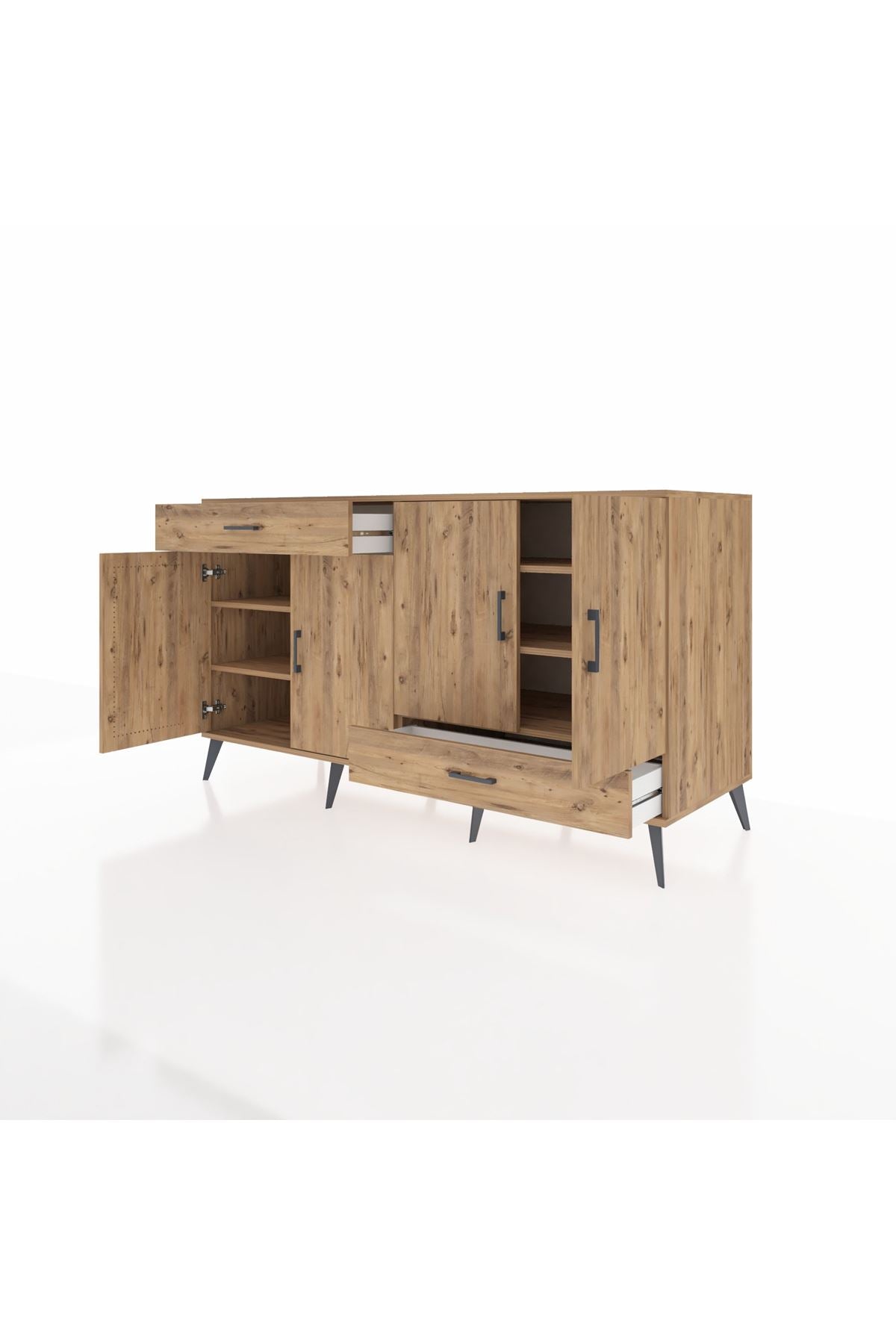 Kronos Konsol 5 Raflı 2 Çekmeceli 4 Kapaklı 176x59x99 Çam-Çam