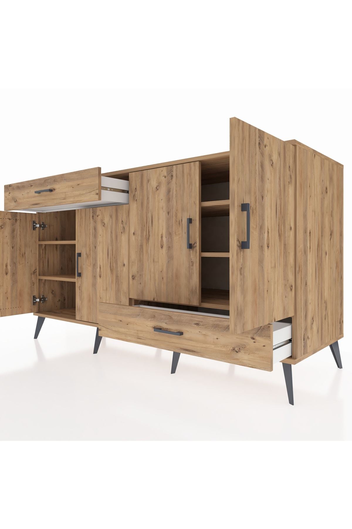 Kronos Konsol 5 Raflı 2 Çekmeceli 4 Kapaklı 176x59x99 Çam-Çam