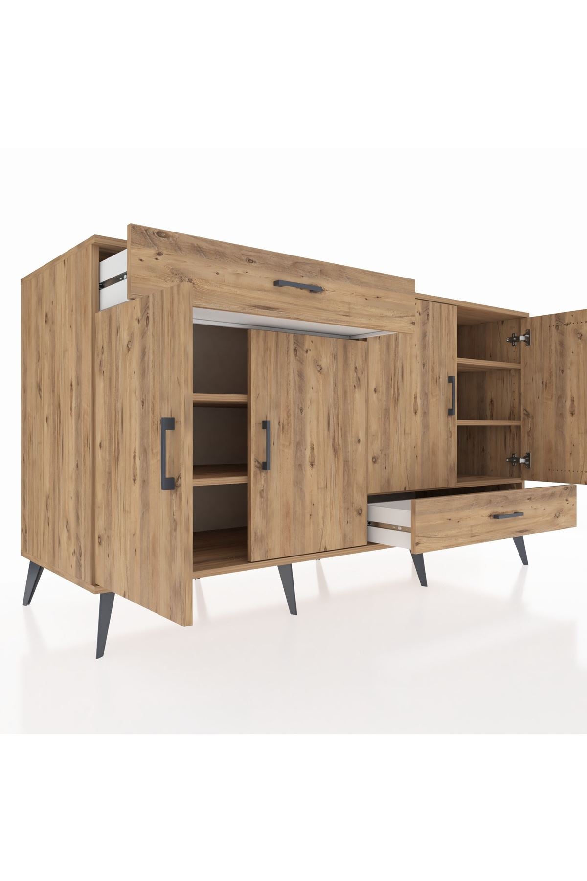 Kronos Konsol 5 Raflı 2 Çekmeceli 4 Kapaklı 176x59x99 Çam-Çam