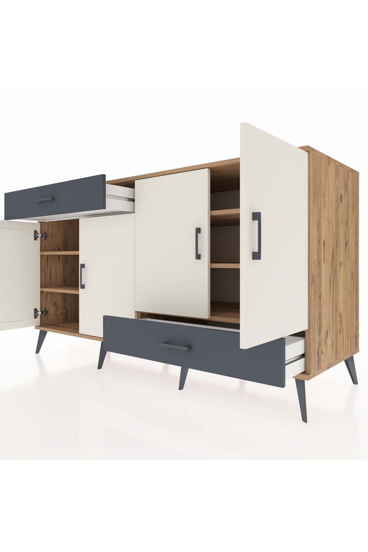 Kronos Konsol 5 Raflı 2 Çekmeceli 4 Kapaklı 176x59x99 Çam-Aytaşı/Antrasit