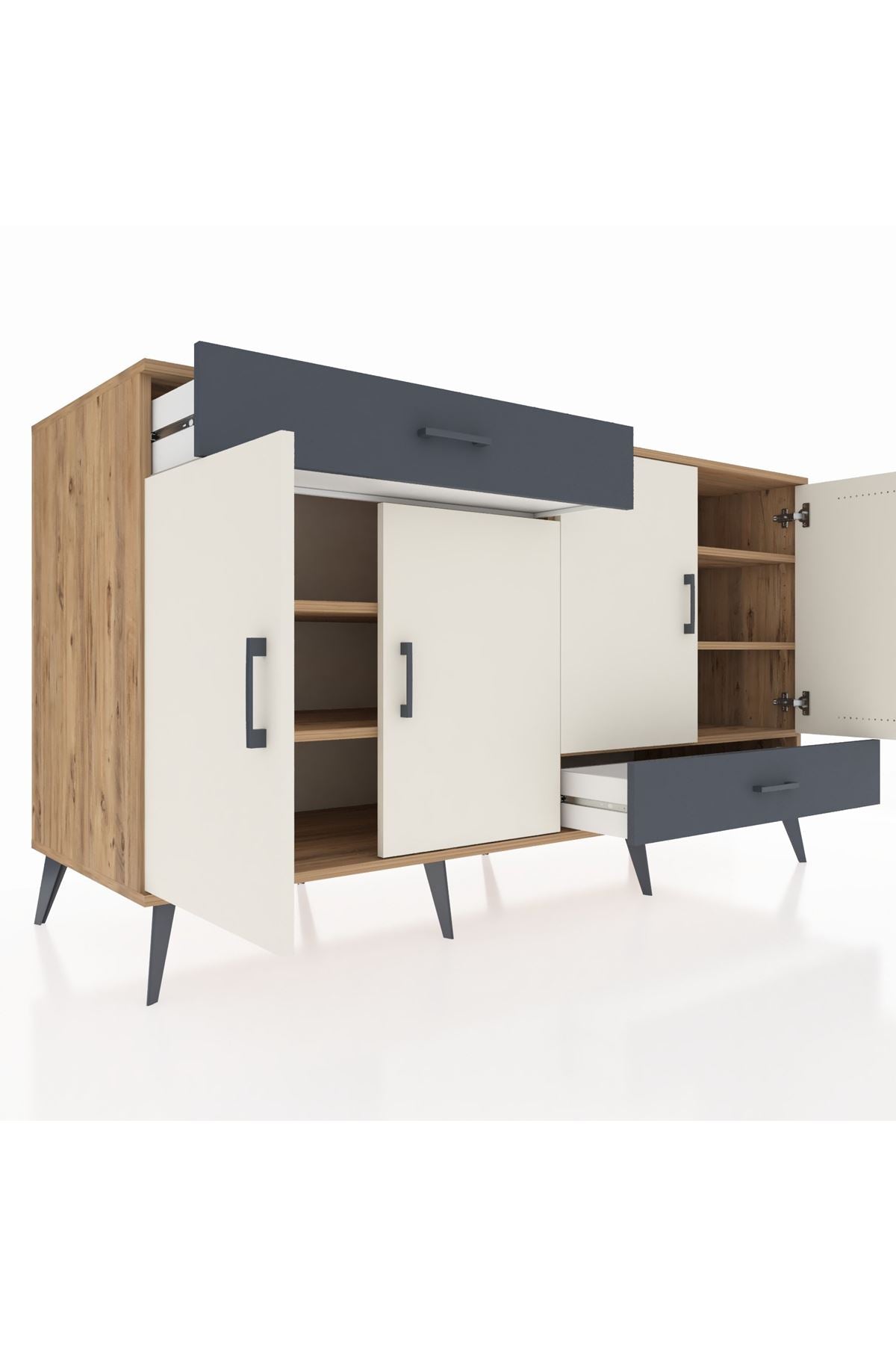 Kronos Konsol 5 Raflı 2 Çekmeceli 4 Kapaklı 176x59x99 Çam-Aytaşı/Antrasit