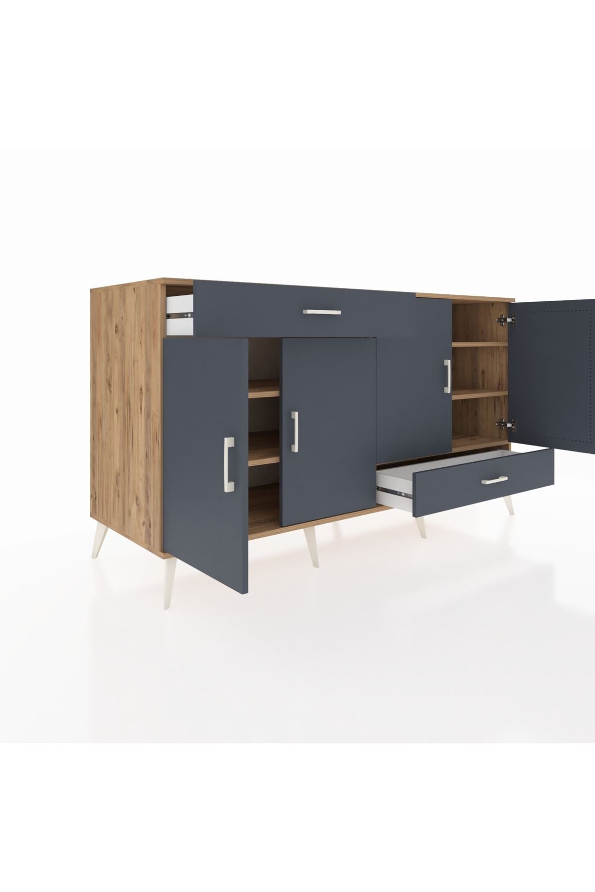 Kronos Konsol 5 Raflı 2 Çekmeceli 4 Kapaklı 176x59x99 Çam-Antrasit