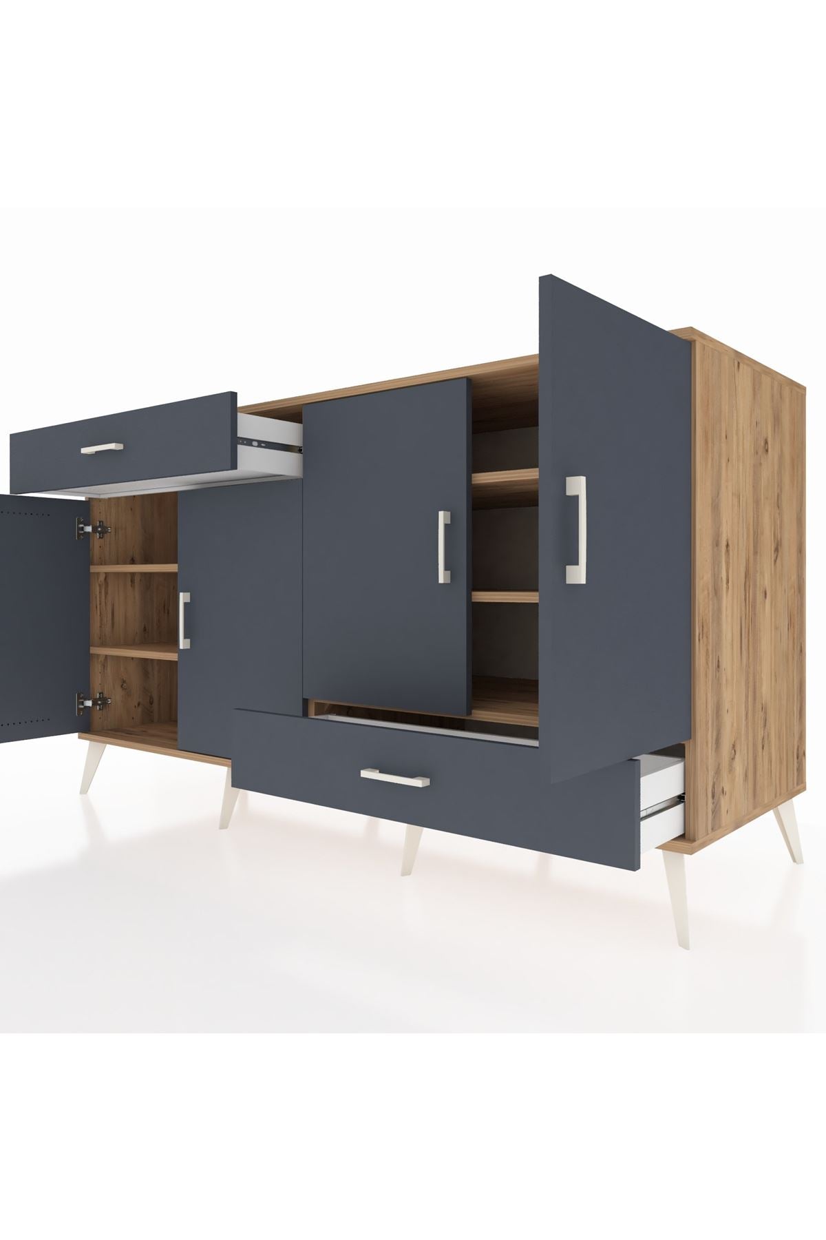 Kronos Konsol 5 Raflı 2 Çekmeceli 4 Kapaklı 176x59x99 Çam-Antrasit