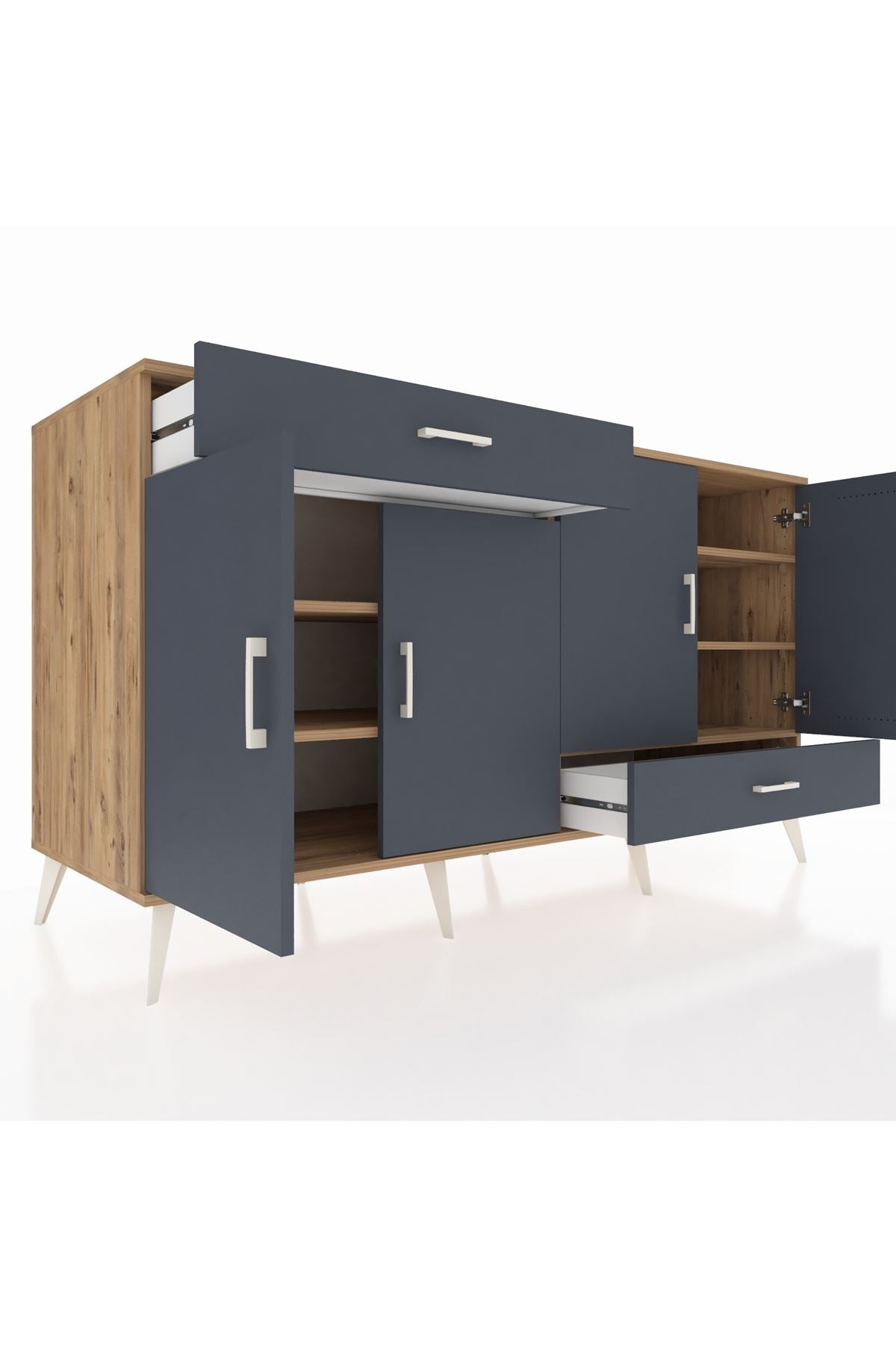 Kronos Konsol 5 Raflı 2 Çekmeceli 4 Kapaklı 176x59x99 Çam-Antrasit