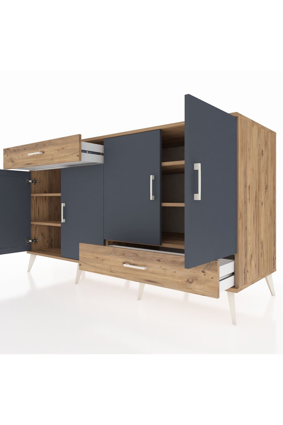 Kronos Konsol 5 Raflı 2 Çekmeceli 4 Kapaklı 176x59x99 Çam-Antrasit/Çam