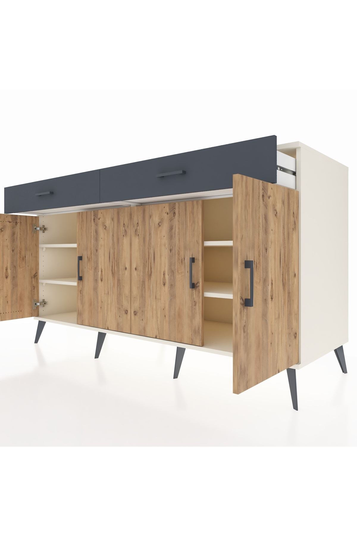 Kronos Konsol 4 Raflı 2 Çekmeceli 4 Kapaklı 176x59x99 Aytaşı-Çam/Antrasit