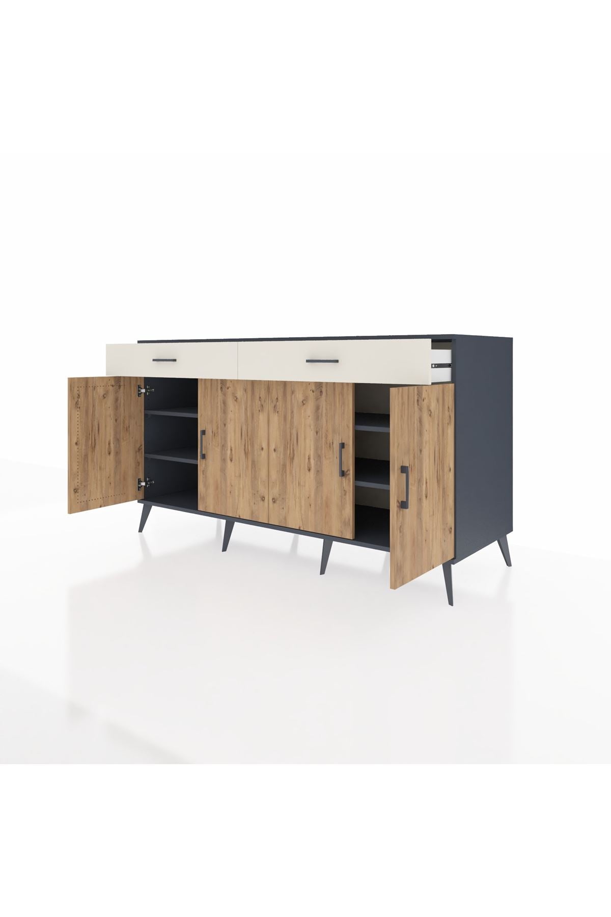 Kronos Konsol 4 Raflı 2 Çekmeceli 4 Kapaklı 176x59x99 Antrasit-Çam/Aytaşı