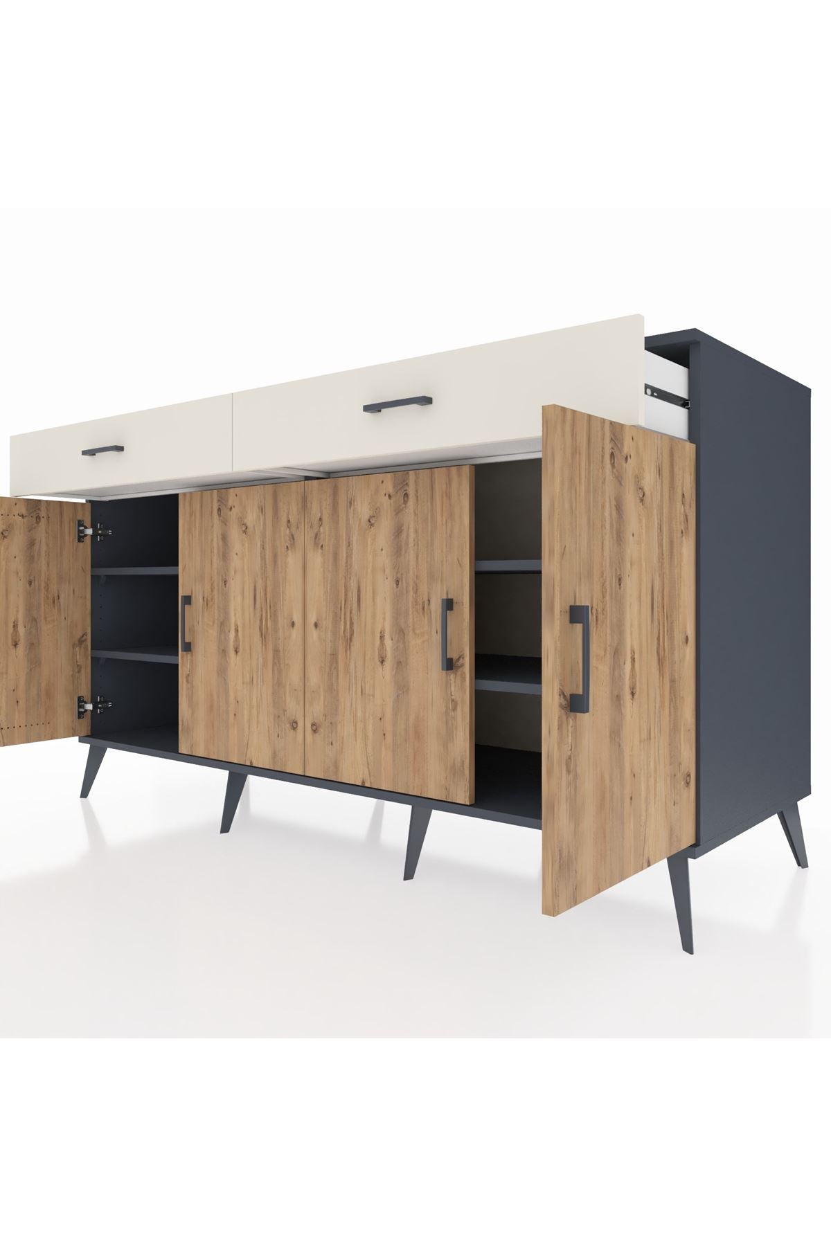 Kronos Konsol 4 Raflı 2 Çekmeceli 4 Kapaklı 176x59x99 Antrasit-Çam/Aytaşı