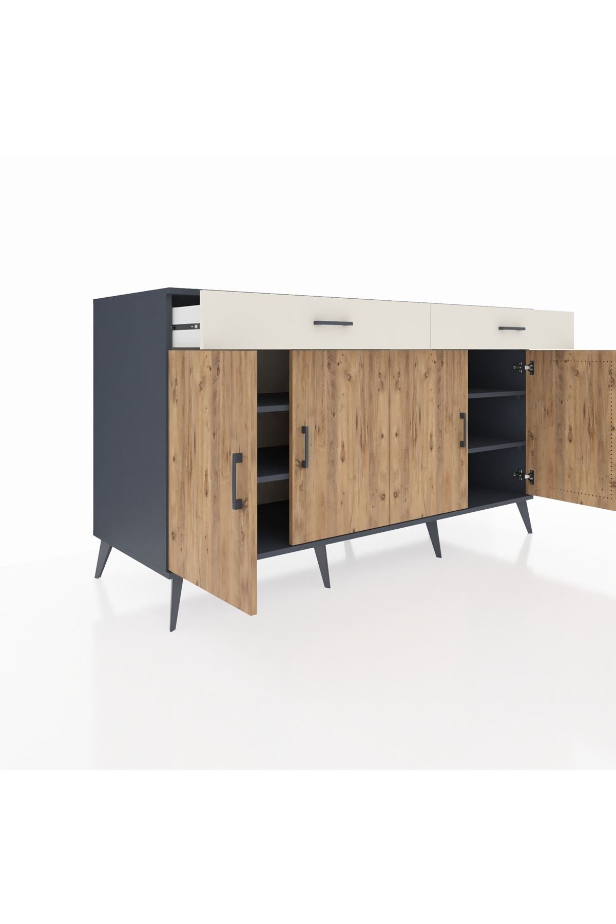 Kronos Konsol 4 Raflı 2 Çekmeceli 4 Kapaklı 176x59x99 Antrasit-Çam/Aytaşı