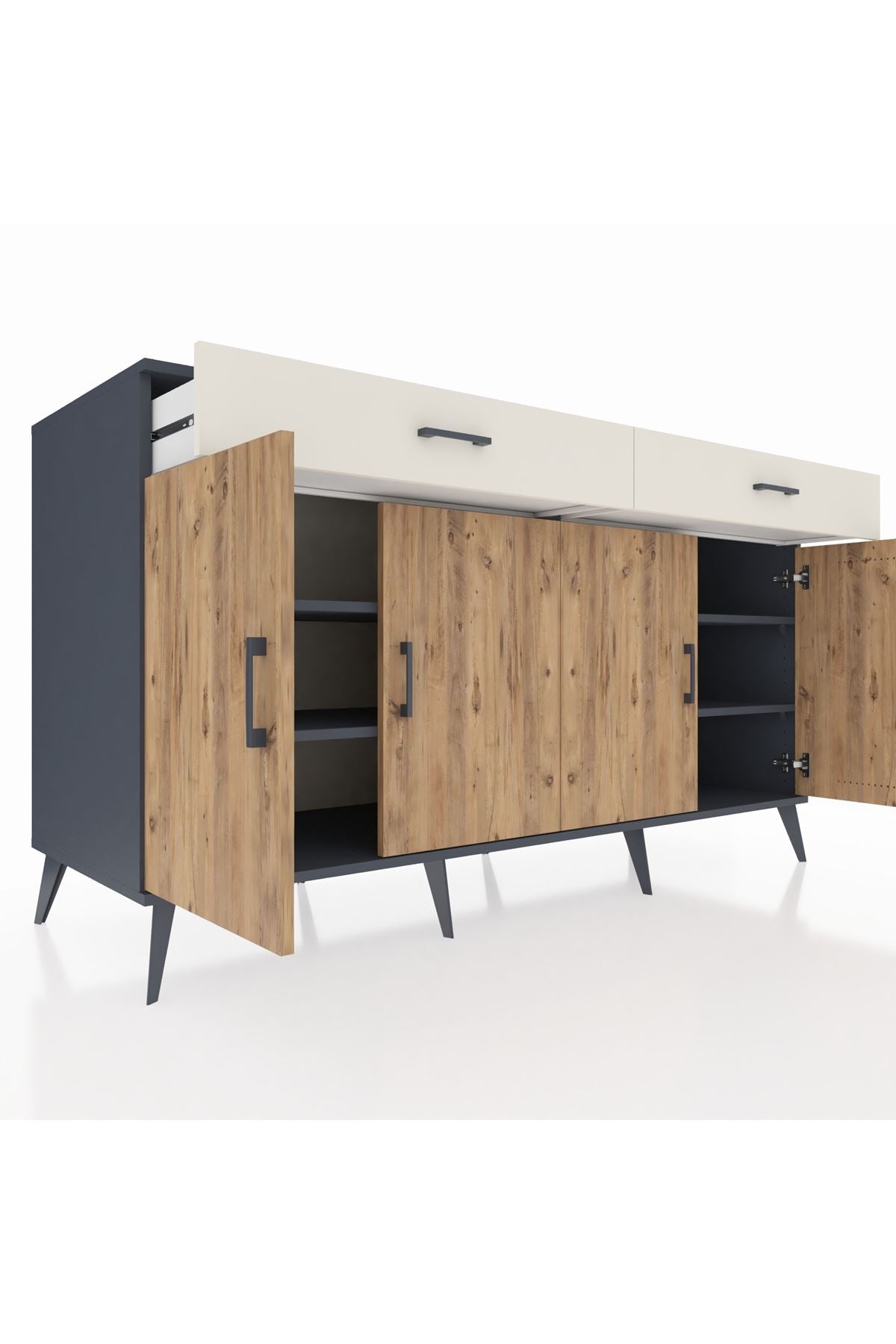 Kronos Konsol 4 Raflı 2 Çekmeceli 4 Kapaklı 176x59x99 Antrasit-Çam/Aytaşı