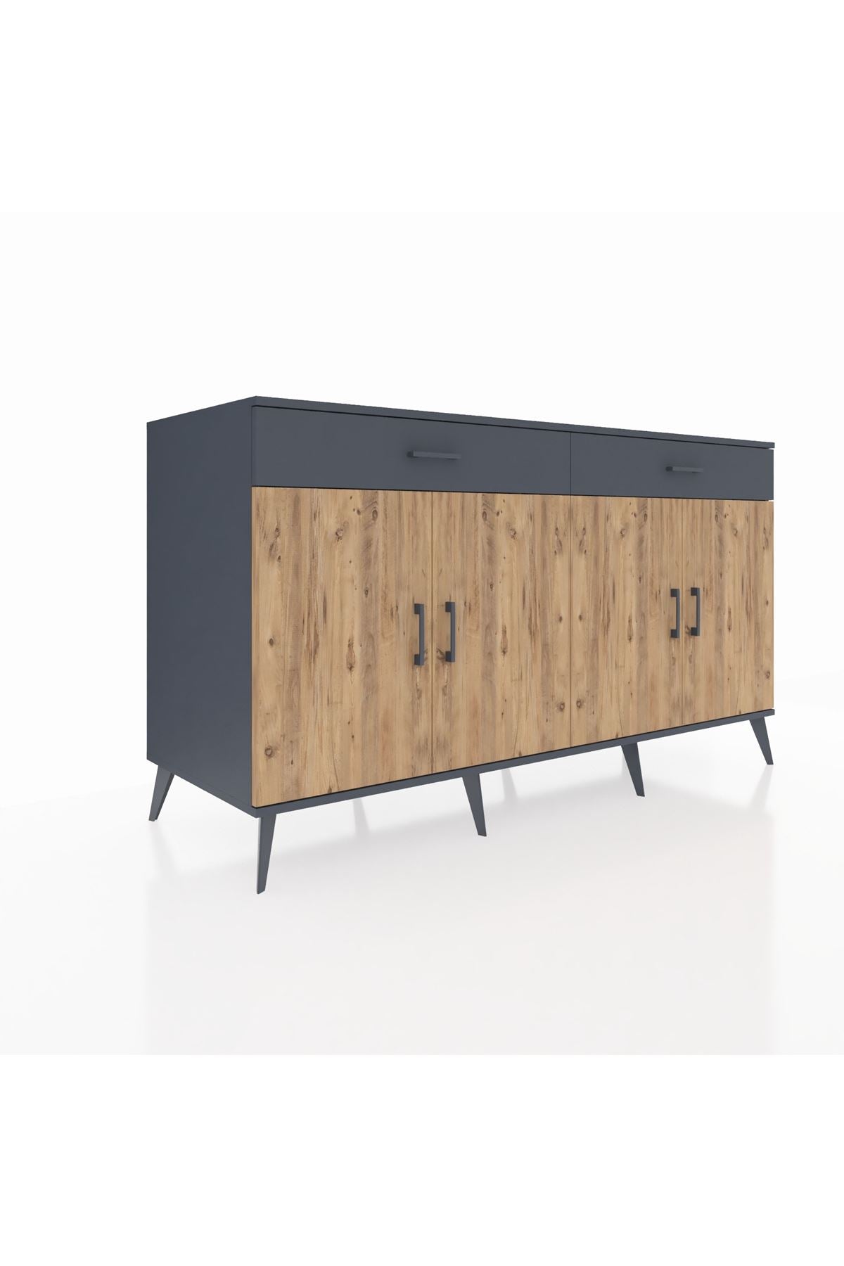 Kronos Konsol 4 Raflı 2 Çekmeceli 4 Kapaklı 176x59x99 Antrasit-Çam/Antrasit