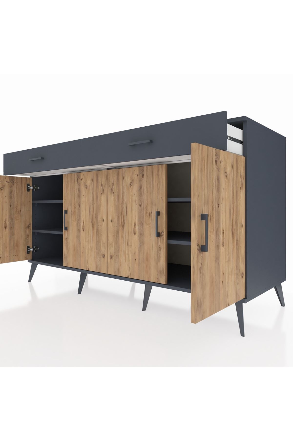 Kronos Konsol 4 Raflı 2 Çekmeceli 4 Kapaklı 176x59x99 Antrasit-Çam/Antrasit