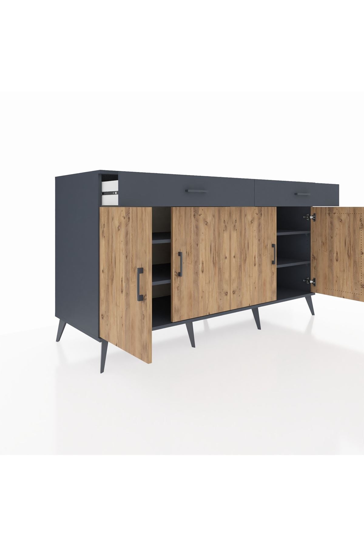 Kronos Konsol 4 Raflı 2 Çekmeceli 4 Kapaklı 176x59x99 Antrasit-Çam/Antrasit