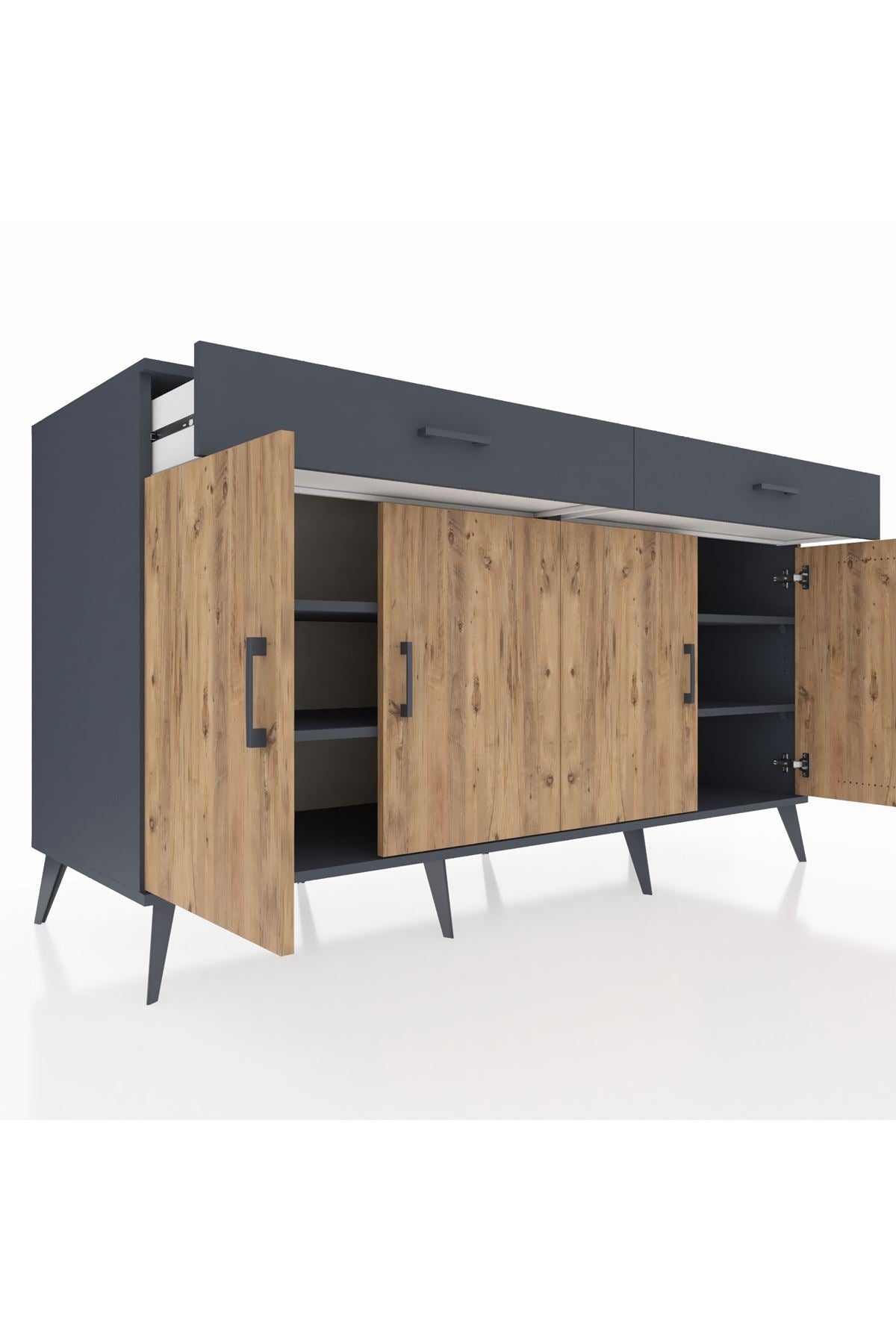 Kronos Konsol 4 Raflı 2 Çekmeceli 4 Kapaklı 176x59x99 Antrasit-Çam/Antrasit