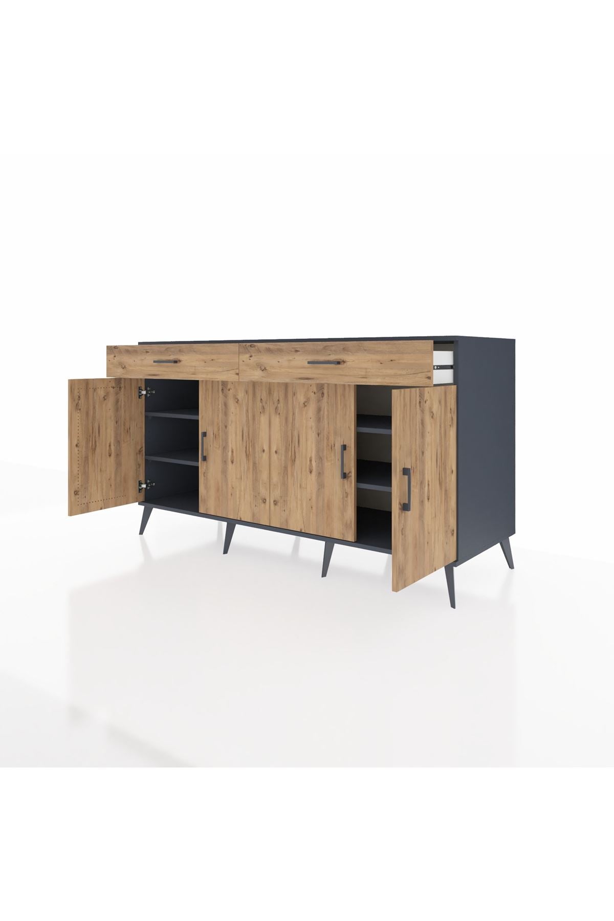 Kronos Konsol 4 Raflı 2 Çekmeceli 4 Kapaklı 176x59x99 Antrasit-Çam