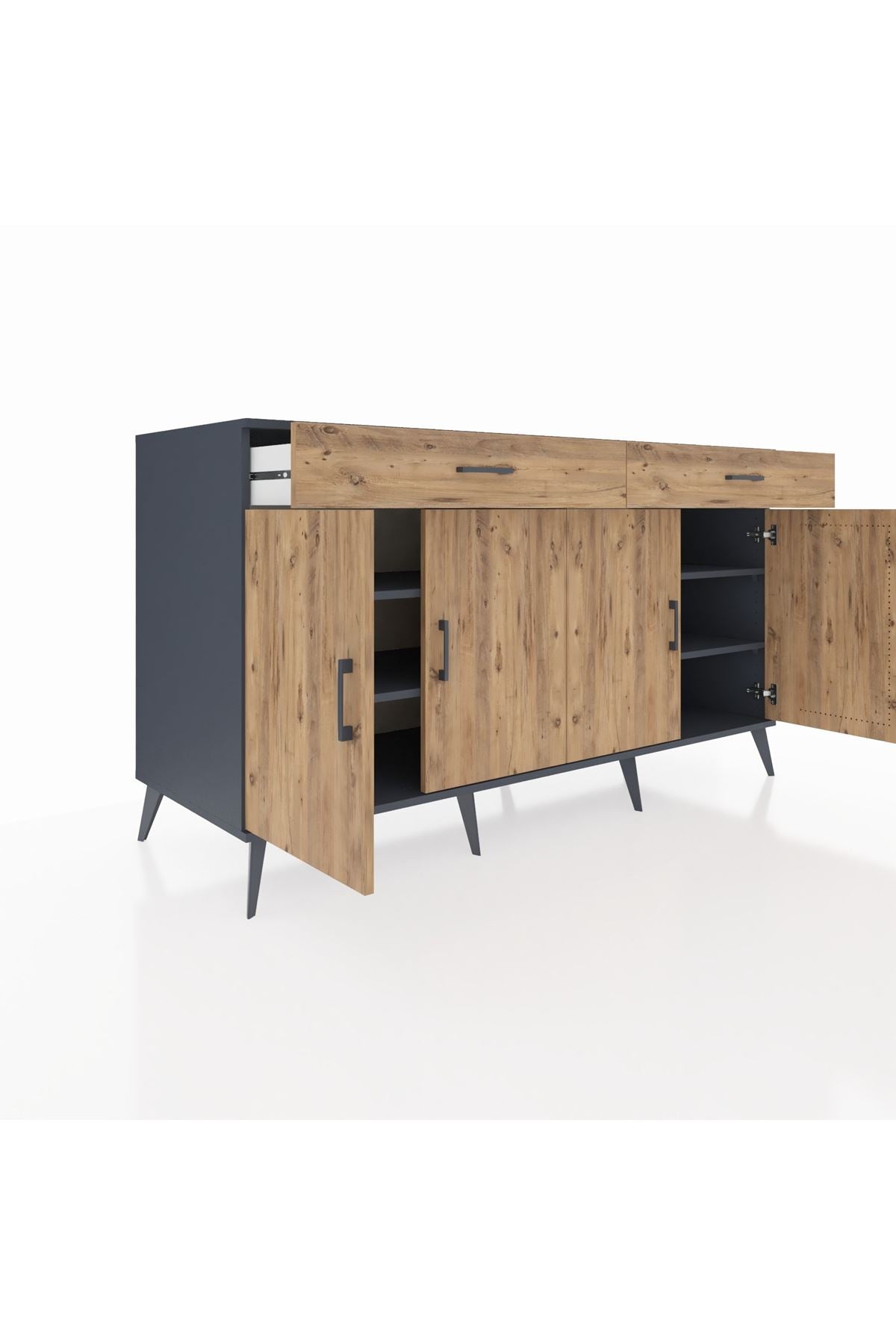 Kronos Konsol 4 Raflı 2 Çekmeceli 4 Kapaklı 176x59x99 Antrasit-Çam