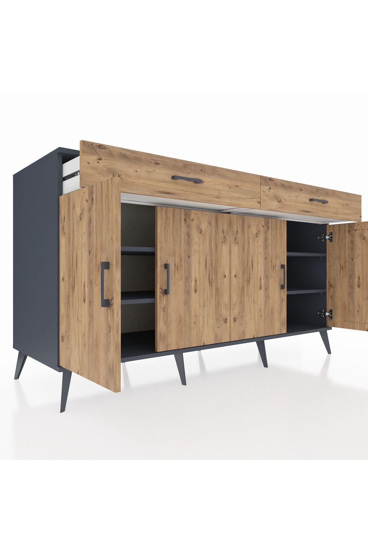 Kronos Konsol 4 Raflı 2 Çekmeceli 4 Kapaklı 176x59x99 Antrasit-Çam