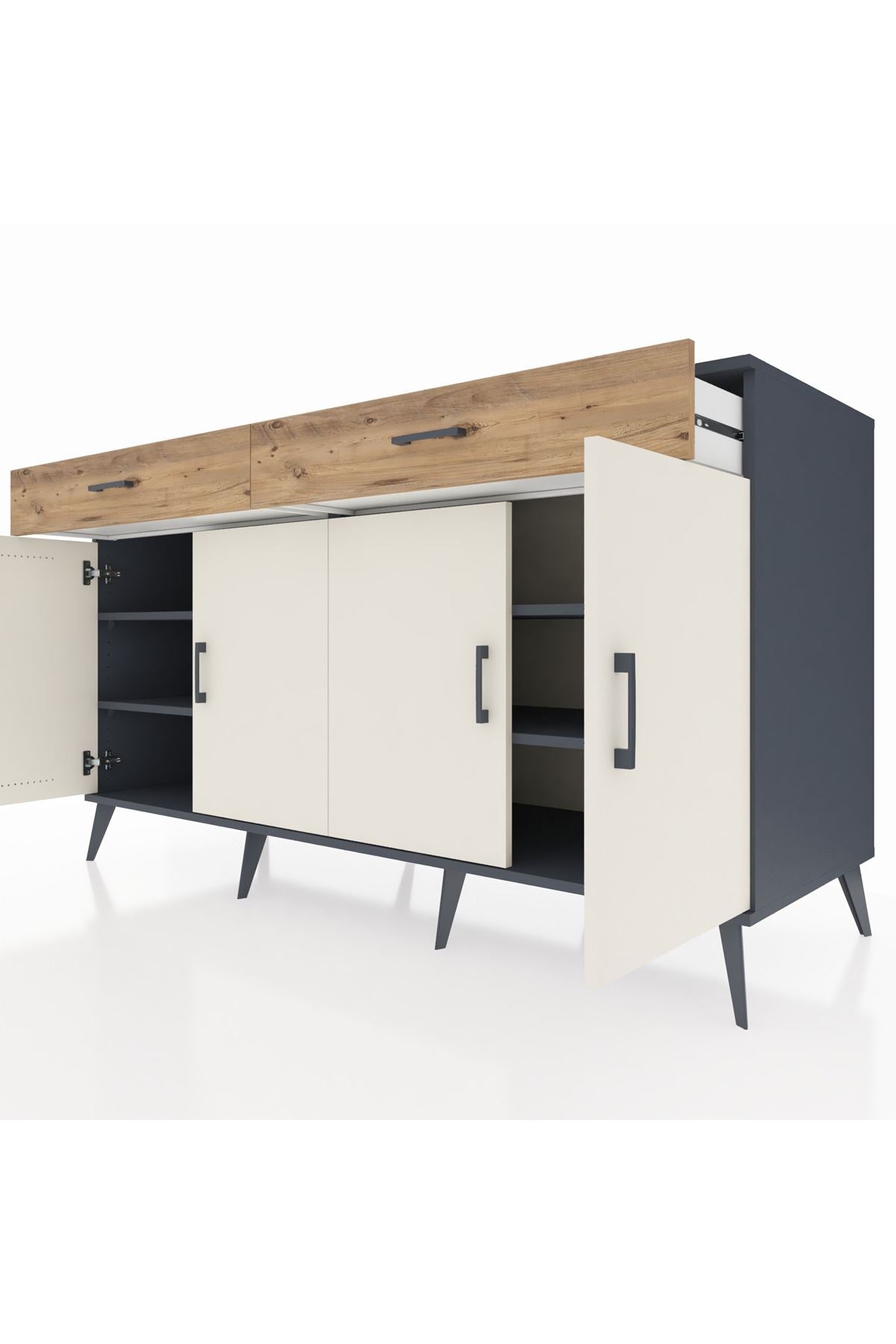 Kronos Konsol 4 Raflı 2 Çekmeceli 4 Kapaklı 176x59x99 Antrasit-Aytaşı/Çam