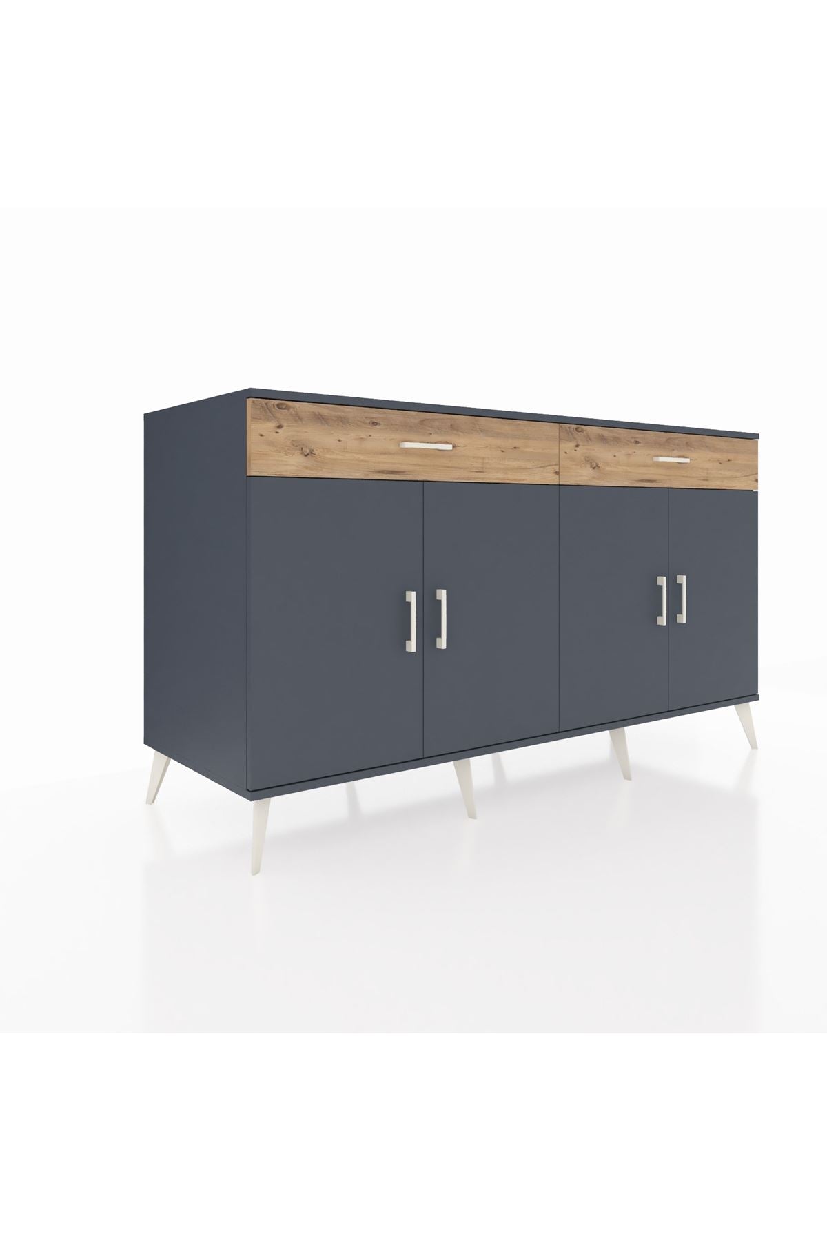 Kronos Konsol 4 Raflı 2 Çekmeceli 4 Kapaklı 176x59x99 Antrasit-Antrasit/Çam