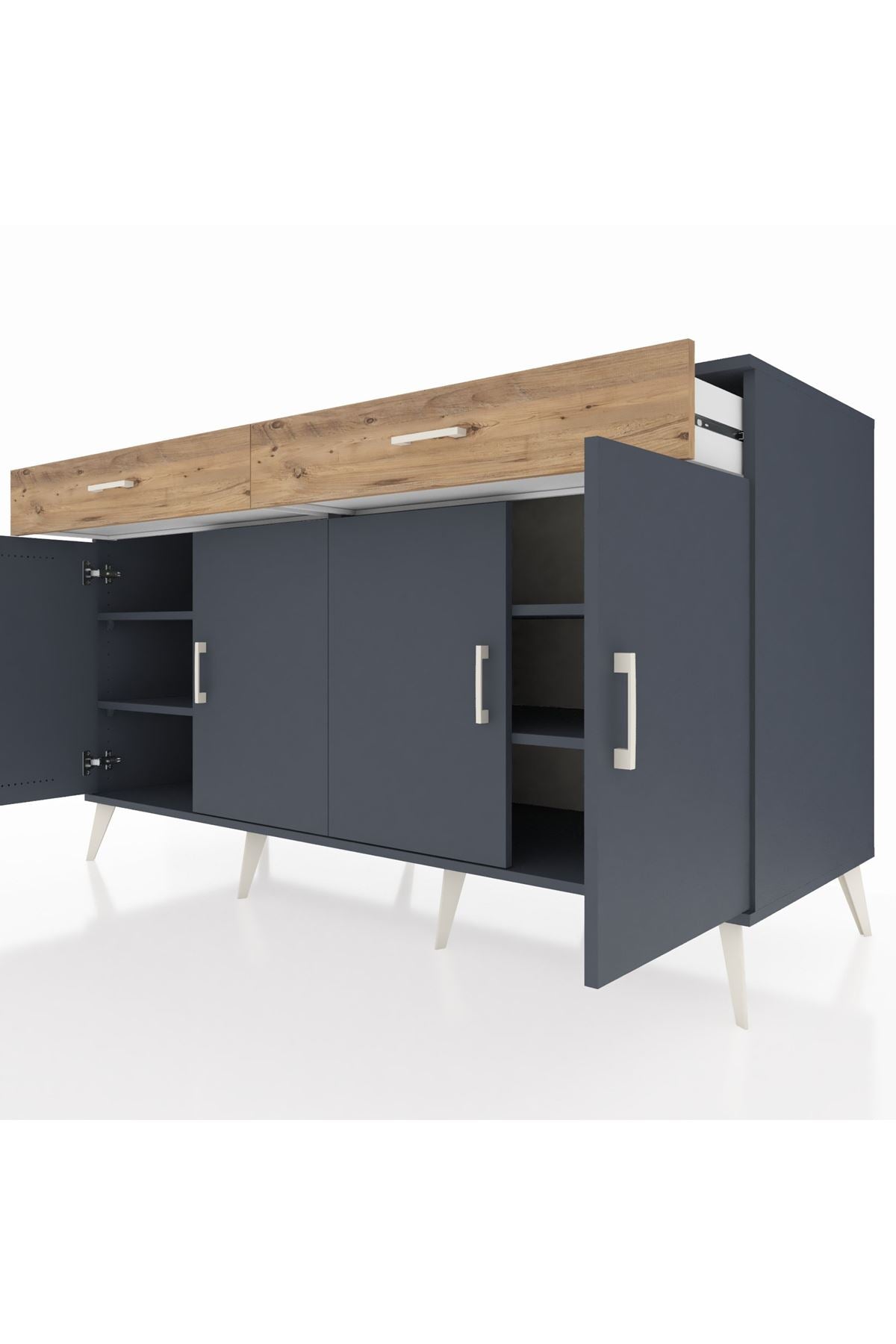 Kronos Konsol 4 Raflı 2 Çekmeceli 4 Kapaklı 176x59x99 Antrasit-Antrasit/Çam