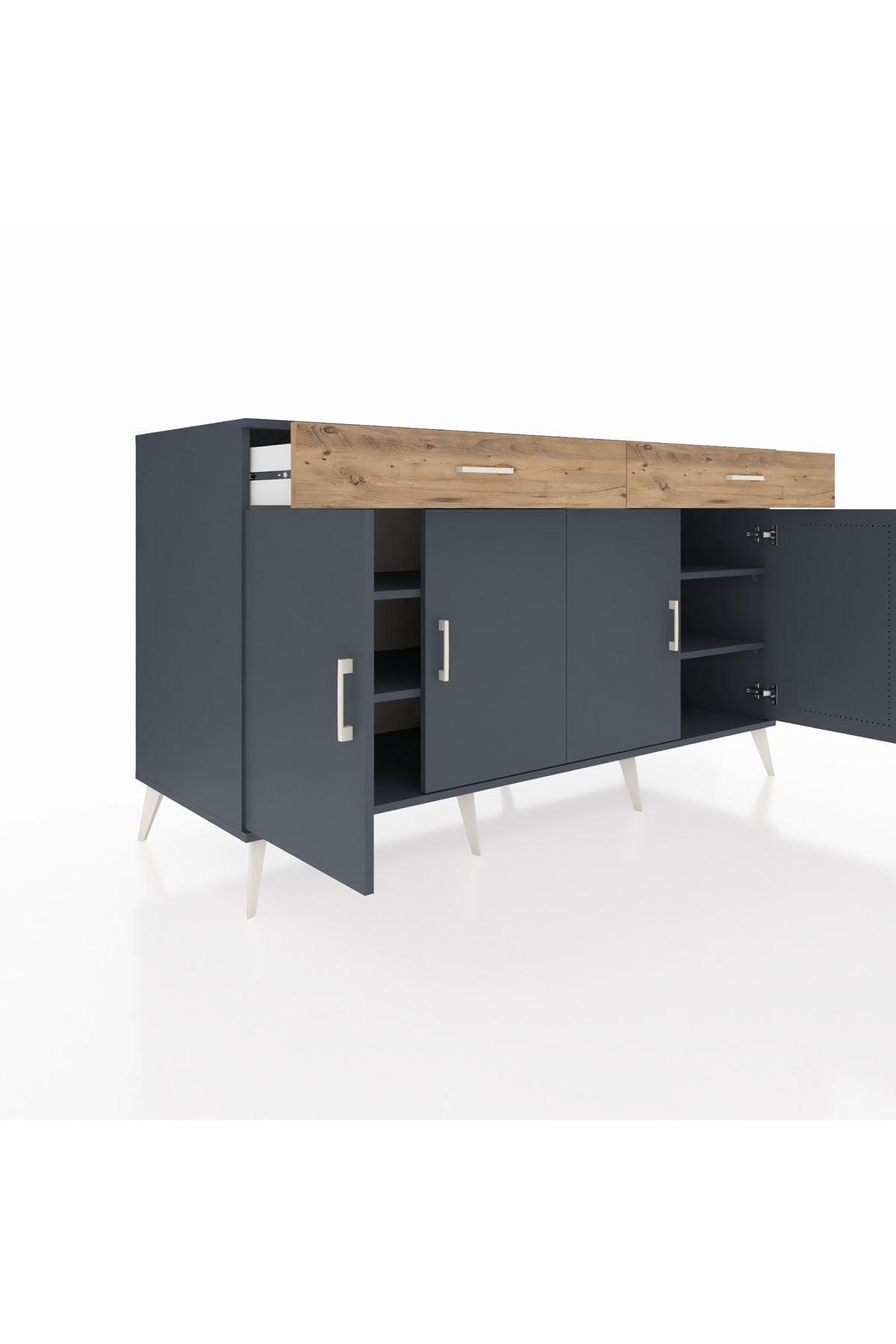 Kronos Konsol 4 Raflı 2 Çekmeceli 4 Kapaklı 176x59x99 Antrasit-Antrasit/Çam