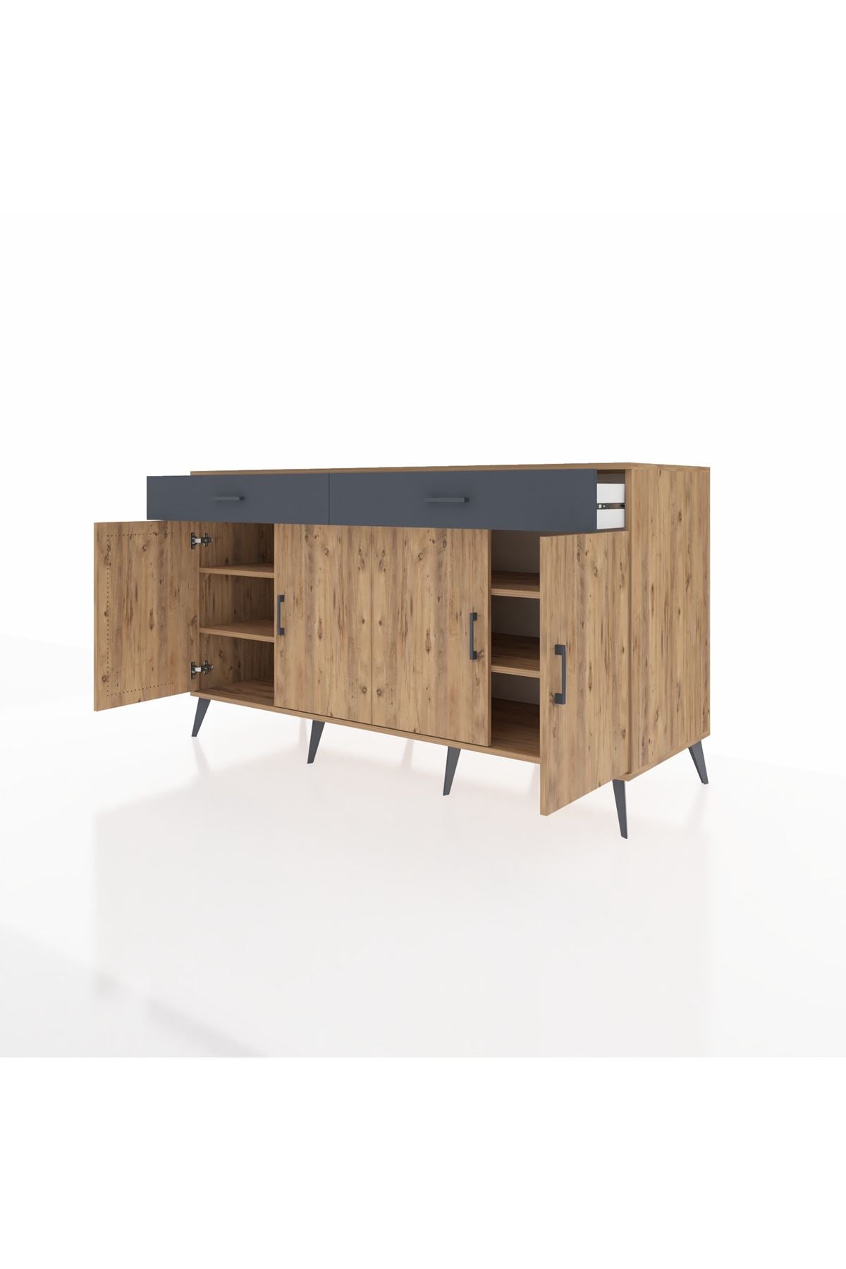 Kronos Konsol 4 Raflı 2 Çekmeceli 4 Kapaklı 176x59x99 Çam-Çam/Antrasit