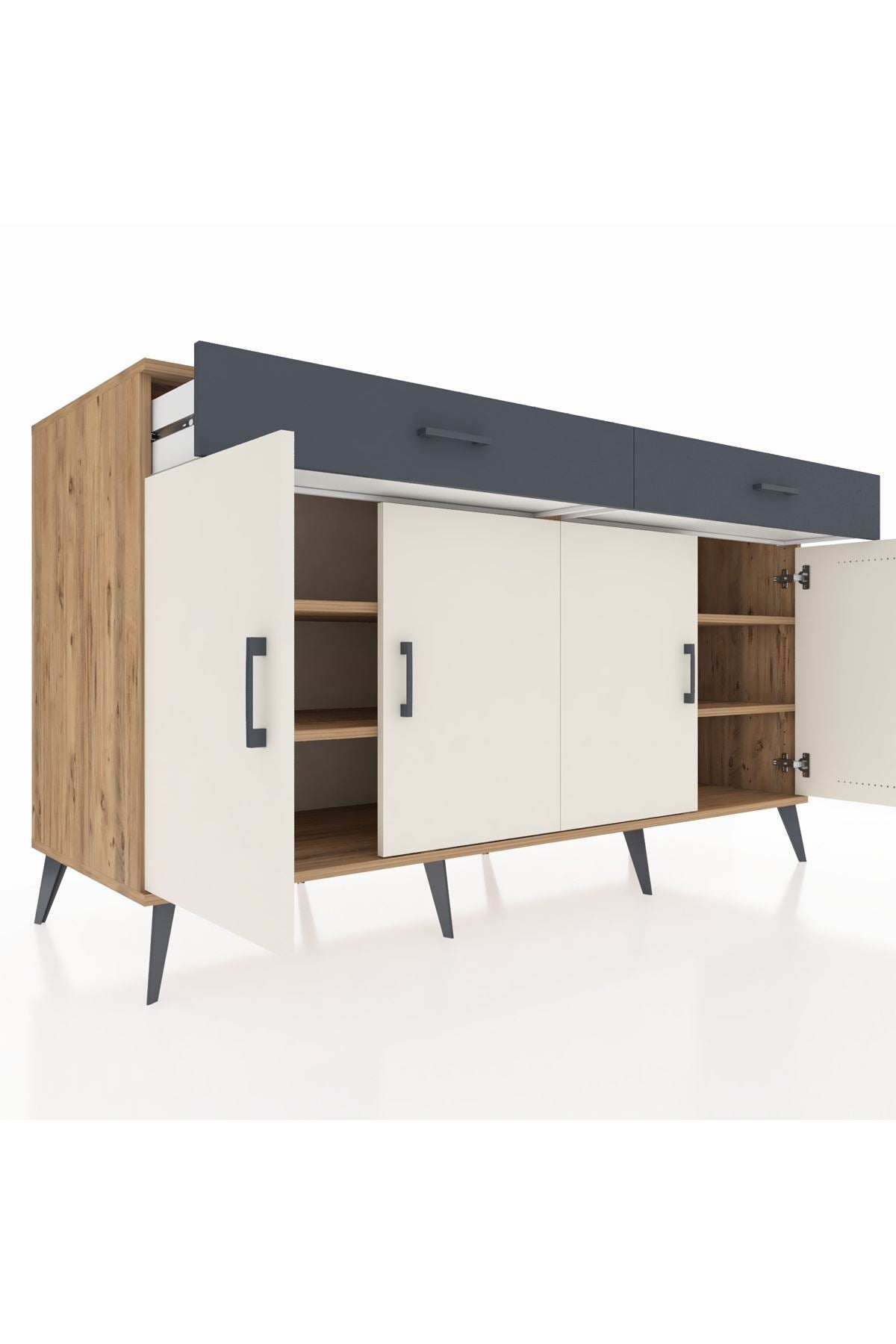 Kronos Konsol 4 Raflı 2 Çekmeceli 4 Kapaklı 176x59x99 Çam-Aytaşı/Antrasit