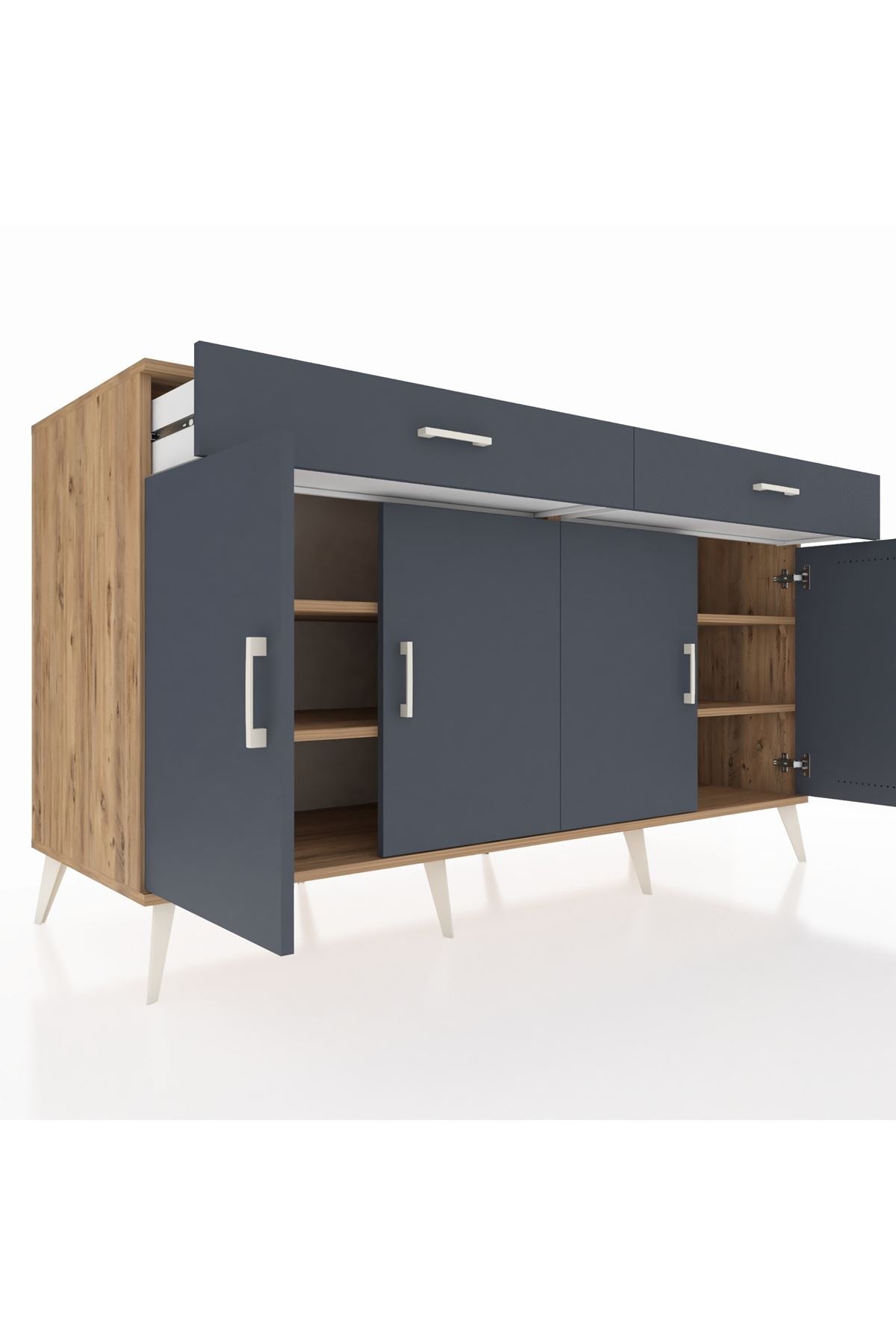 Kronos Konsol 4 Raflı 2 Çekmeceli 4 Kapaklı 176x59x99 Çam-Antrasit