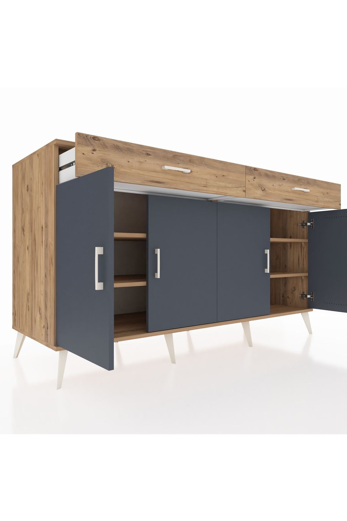 Kronos Konsol 4 Raflı 2 Çekmeceli 4 Kapaklı 176x59x99 Çam-Antrasit/Çam