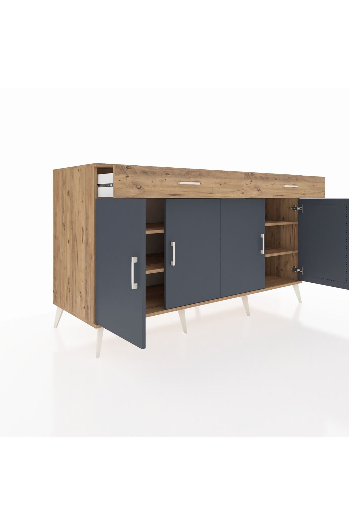 Kronos Konsol 4 Raflı 2 Çekmeceli 4 Kapaklı 176x59x99 Çam-Antrasit/Çam