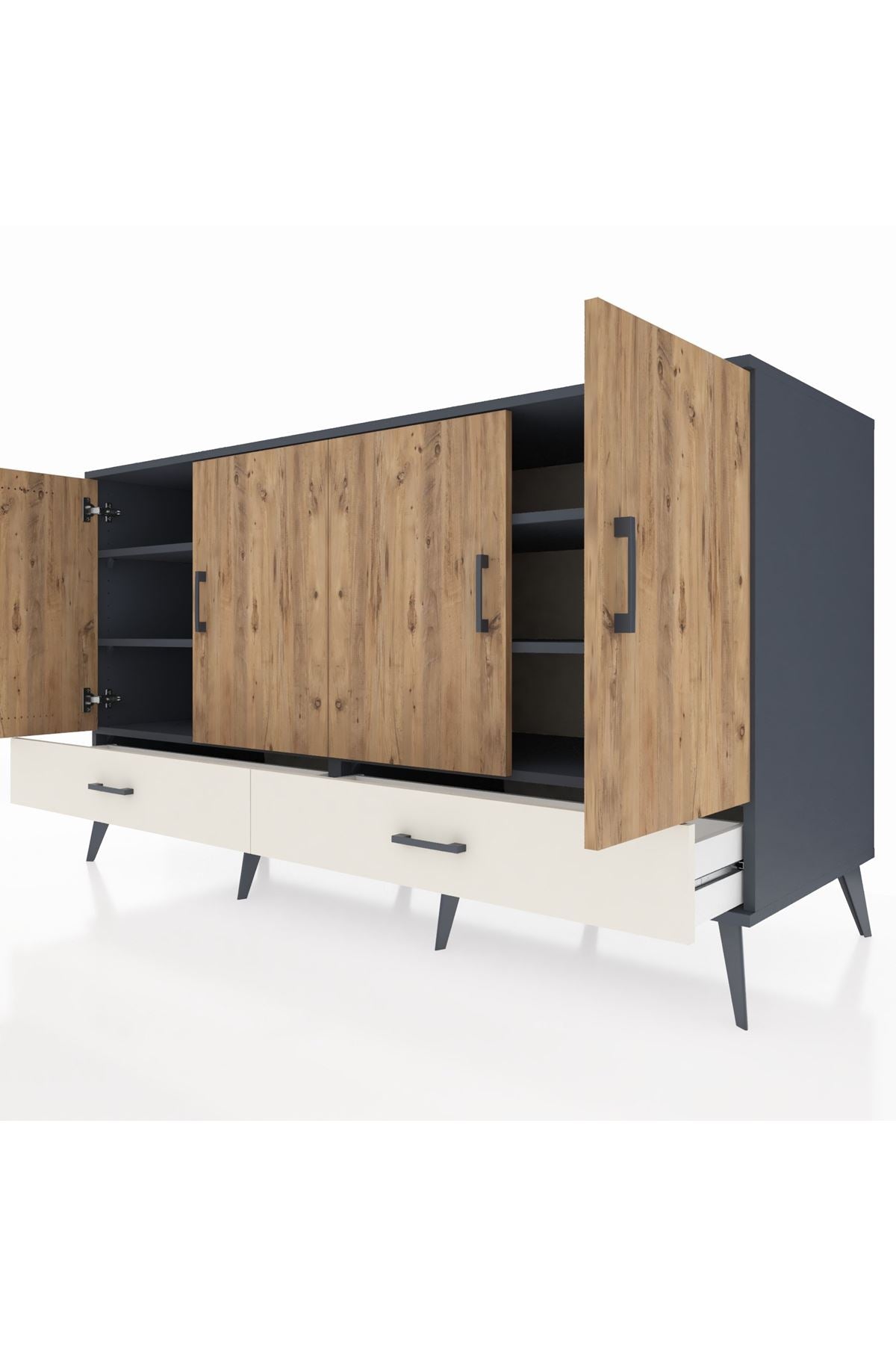 Kronos Konsol 6 Raflı 2 Çekmeceli 4 Kapaklı 176x59x99 Antrasit-Çam/Aytaşı