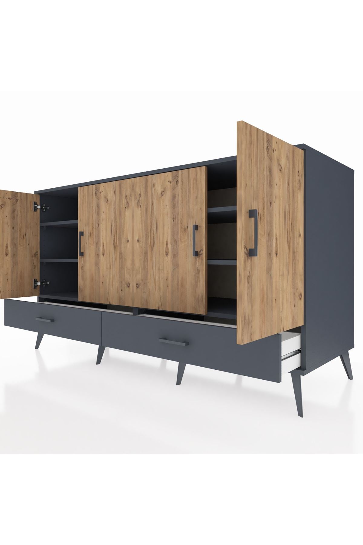 Kronos Konsol 6 Raflı 2 Çekmeceli 4 Kapaklı 176x59x99 Antrasit-Çam/Antrasit