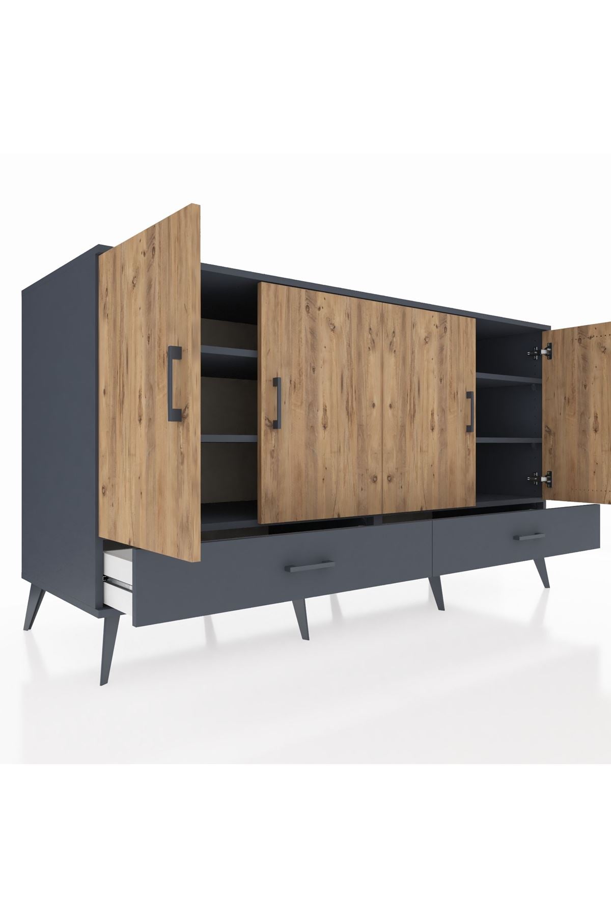 Kronos Konsol 6 Raflı 2 Çekmeceli 4 Kapaklı 176x59x99 Antrasit-Çam/Antrasit