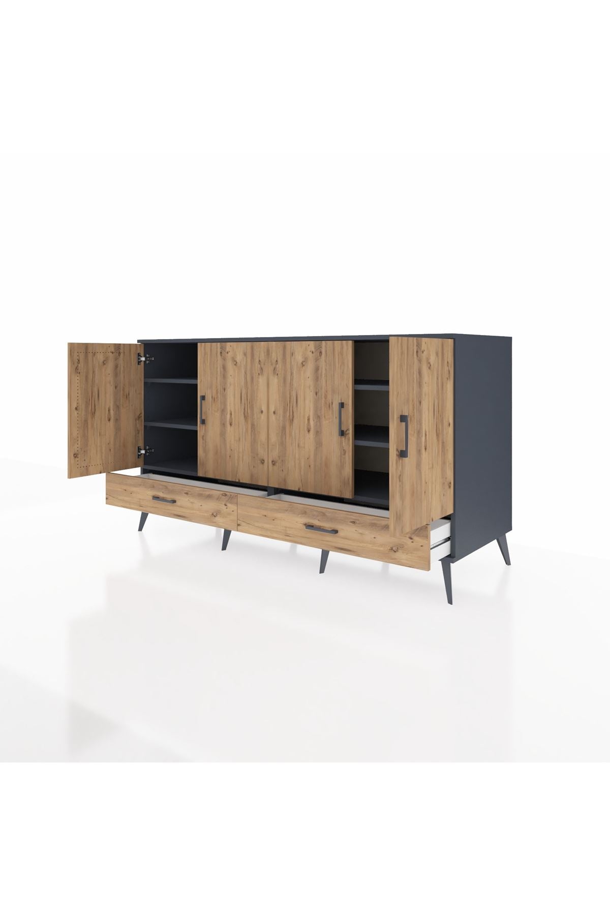 Kronos Konsol 6 Raflı 2 Çekmeceli 4 Kapaklı 176x59x99 Antrasit-Çam