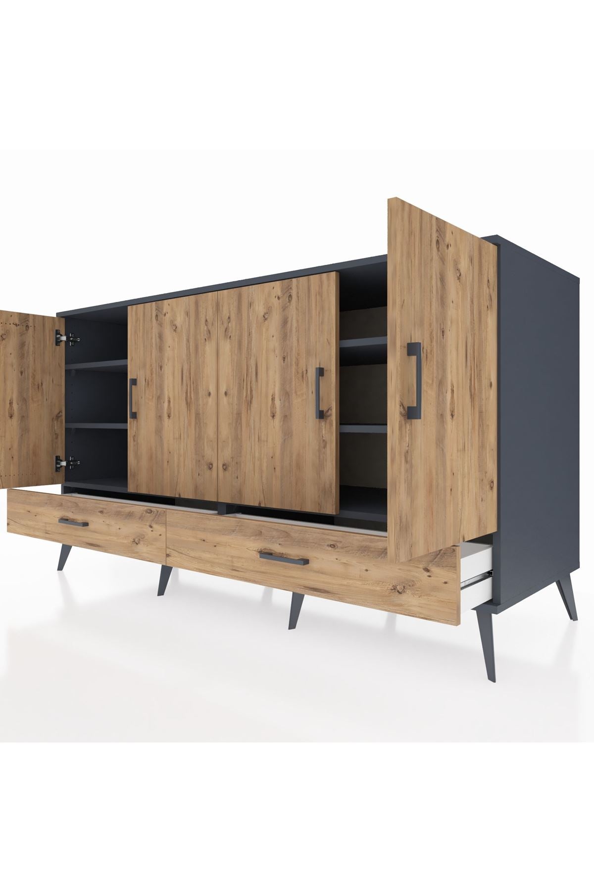 Kronos Konsol 6 Raflı 2 Çekmeceli 4 Kapaklı 176x59x99 Antrasit-Çam