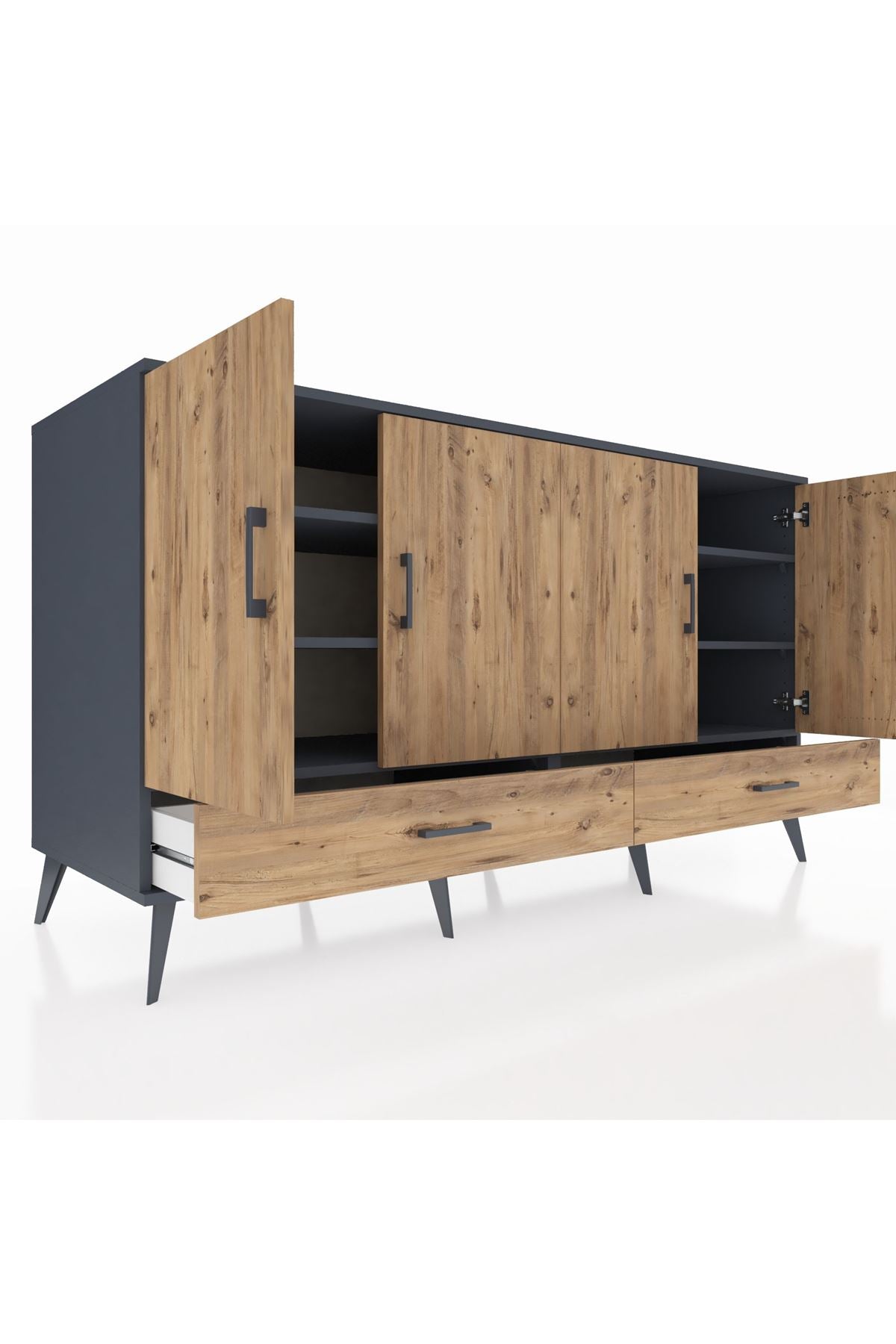 Kronos Konsol 6 Raflı 2 Çekmeceli 4 Kapaklı 176x59x99 Antrasit-Çam