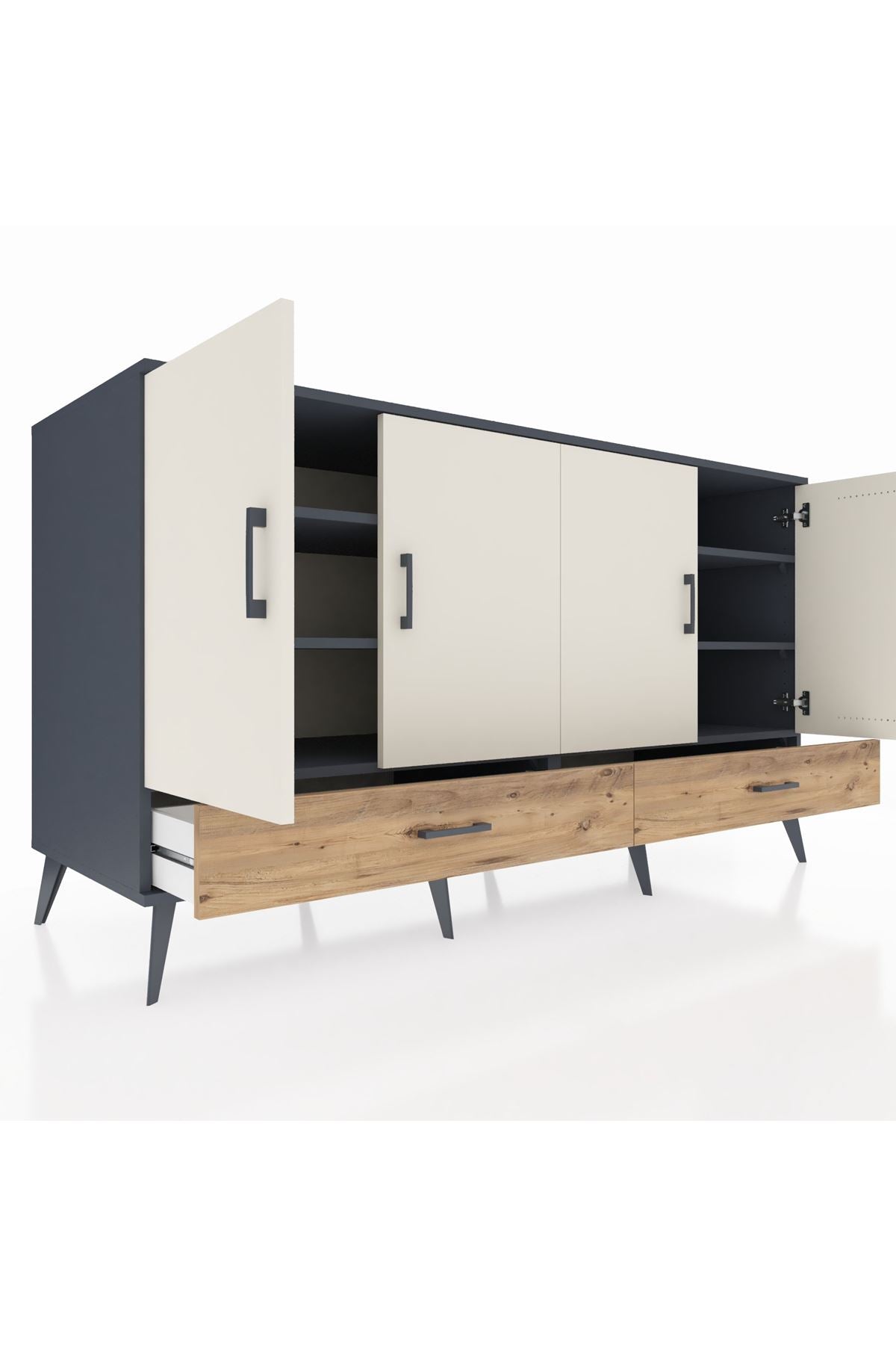 Kronos Konsol 6 Raflı 2 Çekmeceli 4 Kapaklı 176x59x99 Antrasit-Aytaşı/Çam