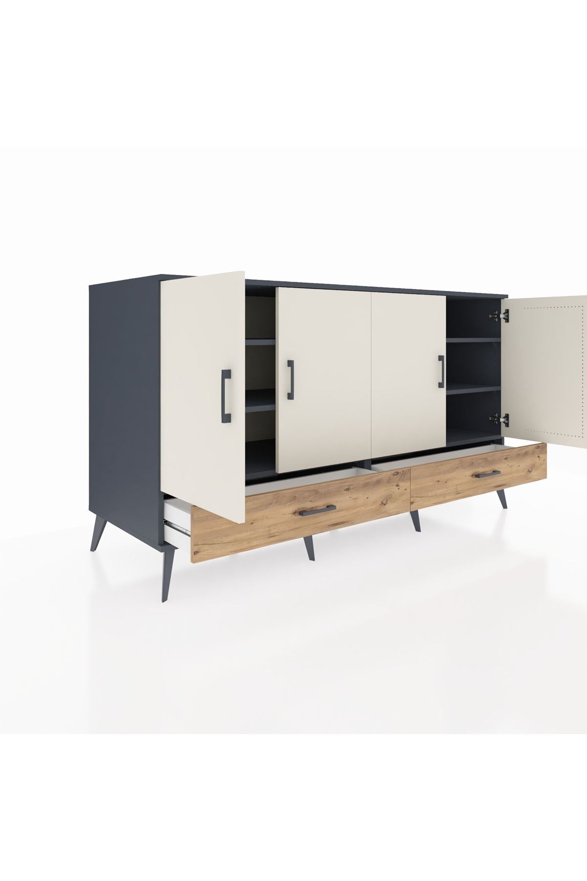 Kronos Konsol 6 Raflı 2 Çekmeceli 4 Kapaklı 176x59x99 Antrasit-Aytaşı/Çam