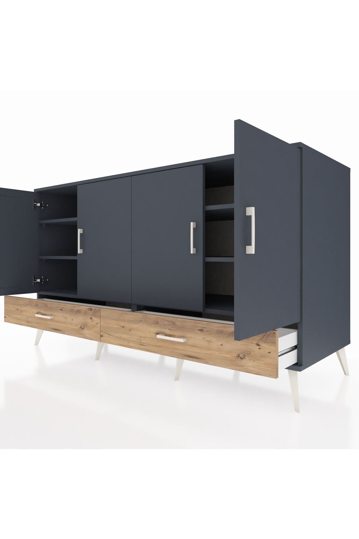 Kronos Konsol 6 Raflı 2 Çekmeceli 4 Kapaklı 176x59x99 Antrasit-Antrasit/Çam