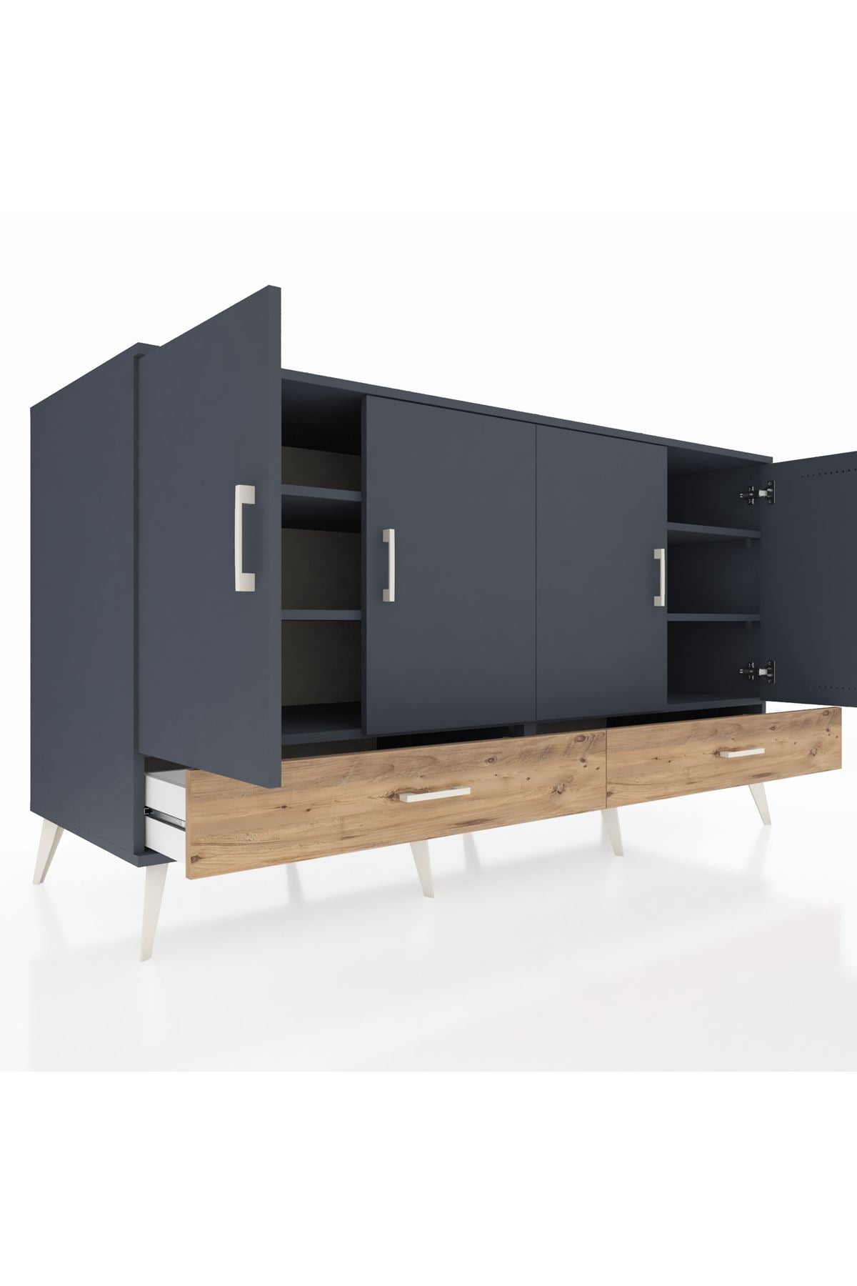 Kronos Konsol 6 Raflı 2 Çekmeceli 4 Kapaklı 176x59x99 Antrasit-Antrasit/Çam