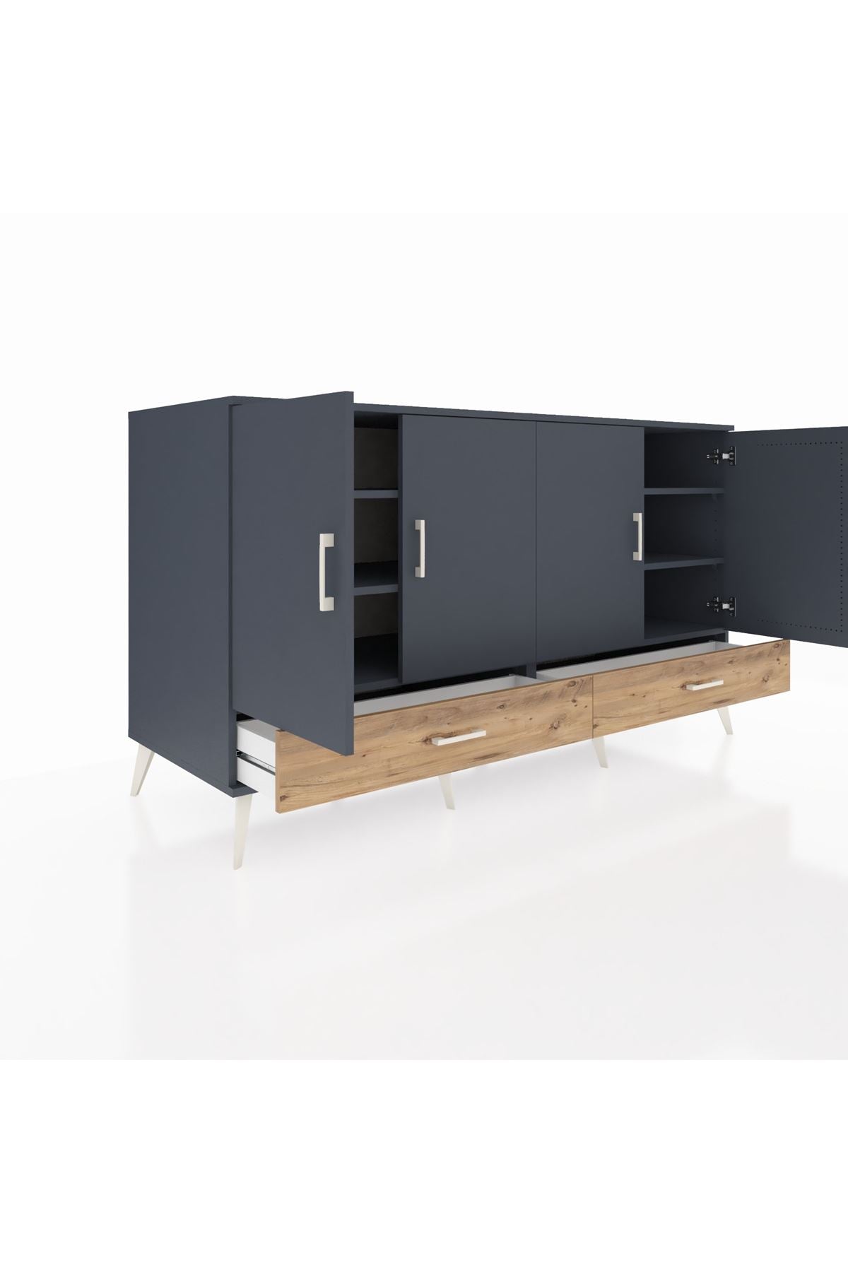 Kronos Konsol 6 Raflı 2 Çekmeceli 4 Kapaklı 176x59x99 Antrasit-Antrasit/Çam