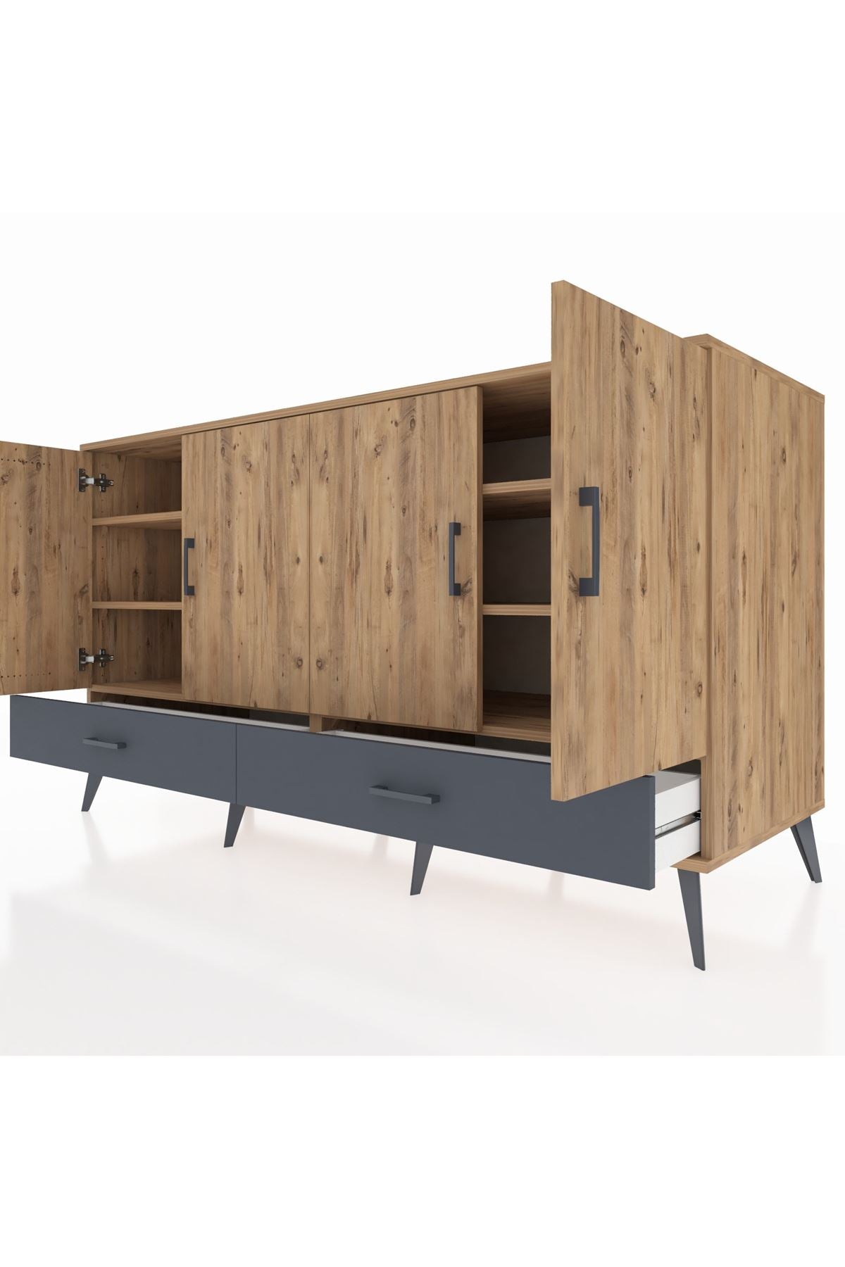 Kronos Konsol 6 Raflı 2 Çekmeceli 4 Kapaklı 176x59x99 Çam-Çam/Antrasit