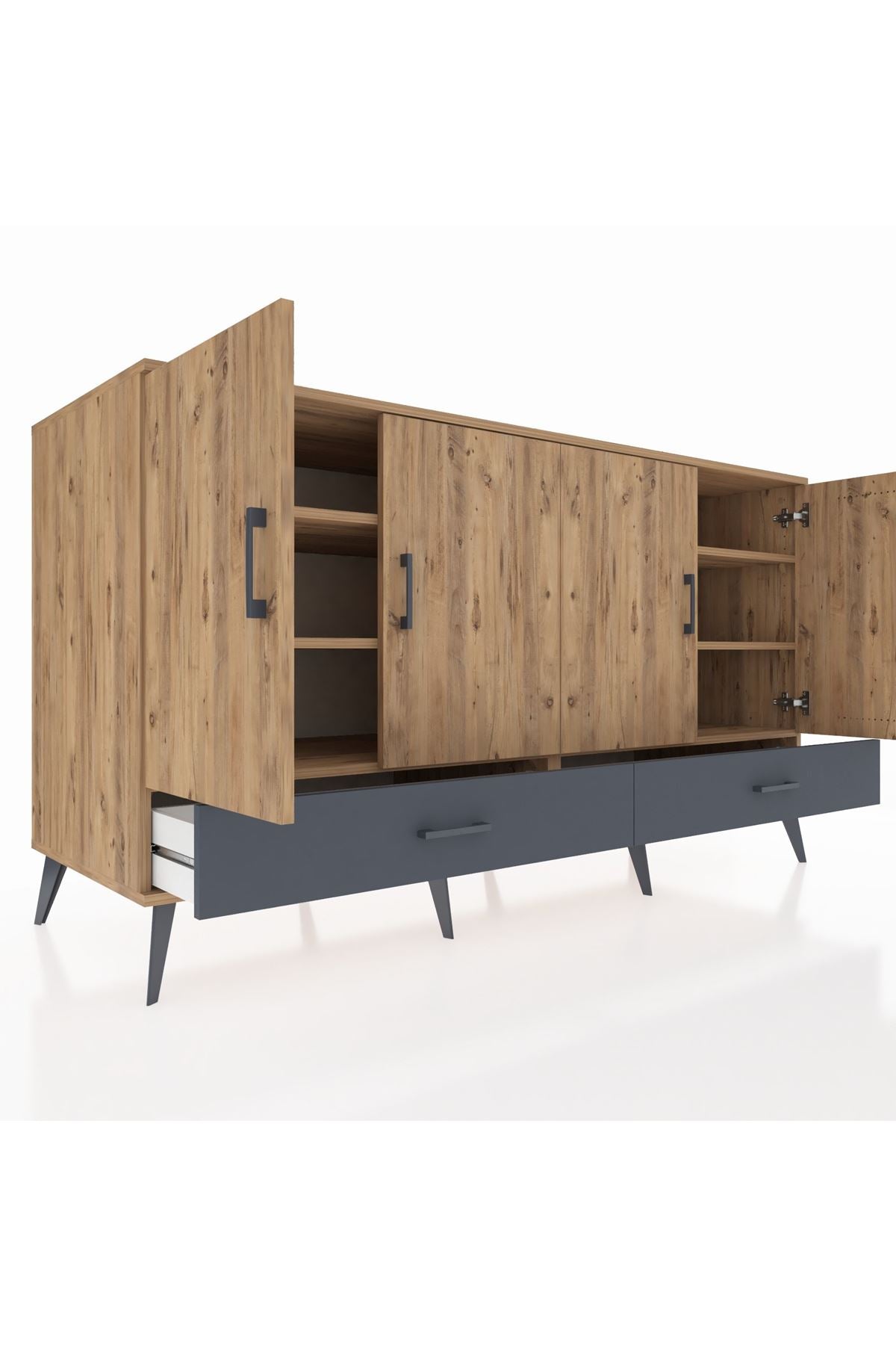 Kronos Konsol 6 Raflı 2 Çekmeceli 4 Kapaklı 176x59x99 Çam-Çam/Antrasit