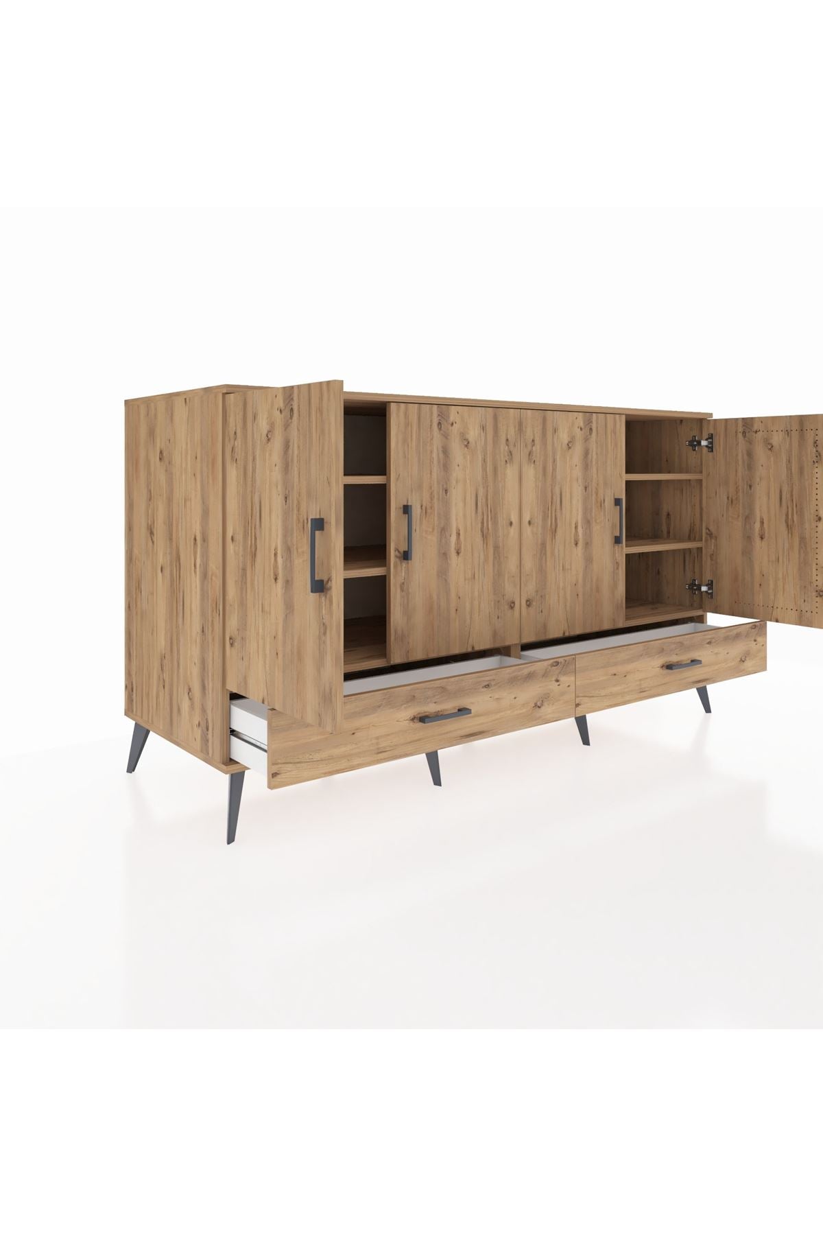 Kronos Konsol 6 Raflı 2 Çekmeceli 4 Kapaklı 176x59x99 Çam-Çam