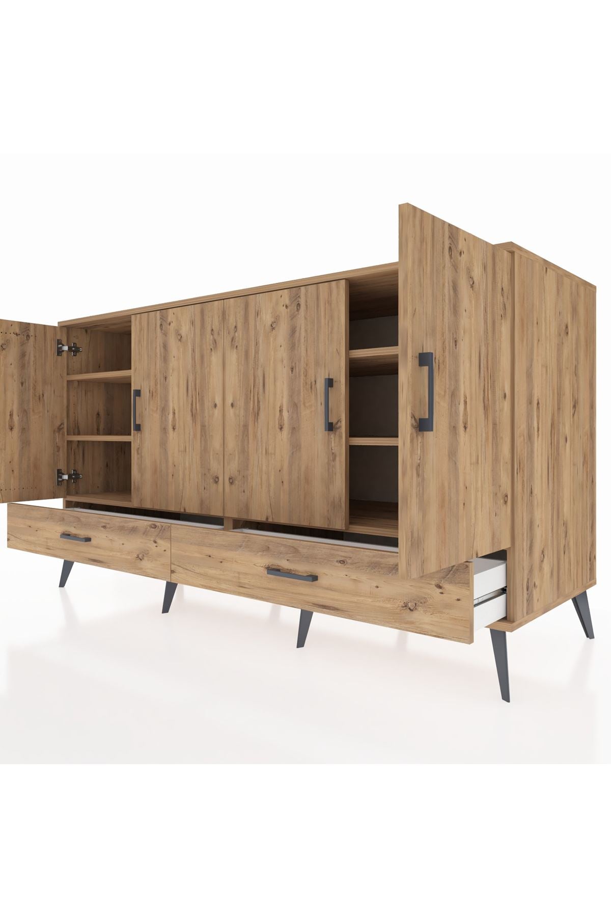 Kronos Konsol 6 Raflı 2 Çekmeceli 4 Kapaklı 176x59x99 Çam-Çam