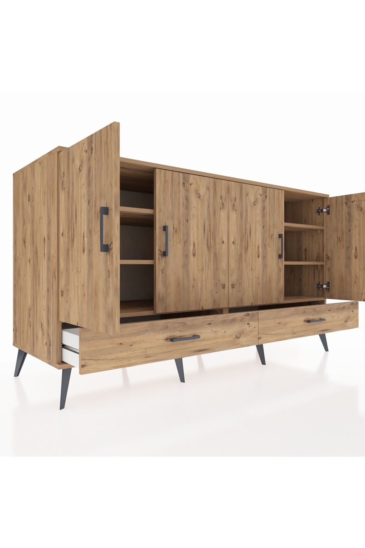 Kronos Konsol 6 Raflı 2 Çekmeceli 4 Kapaklı 176x59x99 Çam-Çam