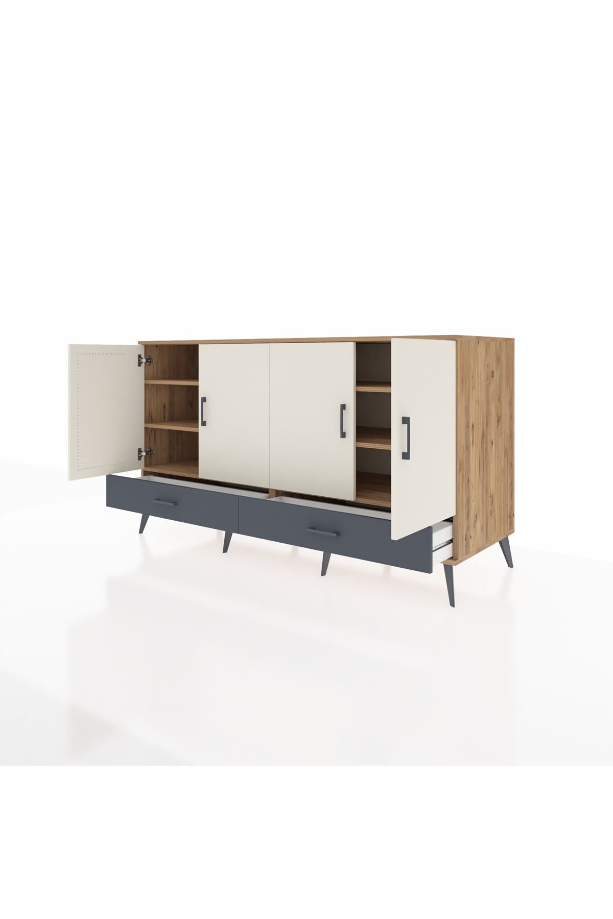 Kronos Konsol 6 Raflı 2 Çekmeceli 4 Kapaklı 176x59x99 Çam-Aytaşı/Antrasit