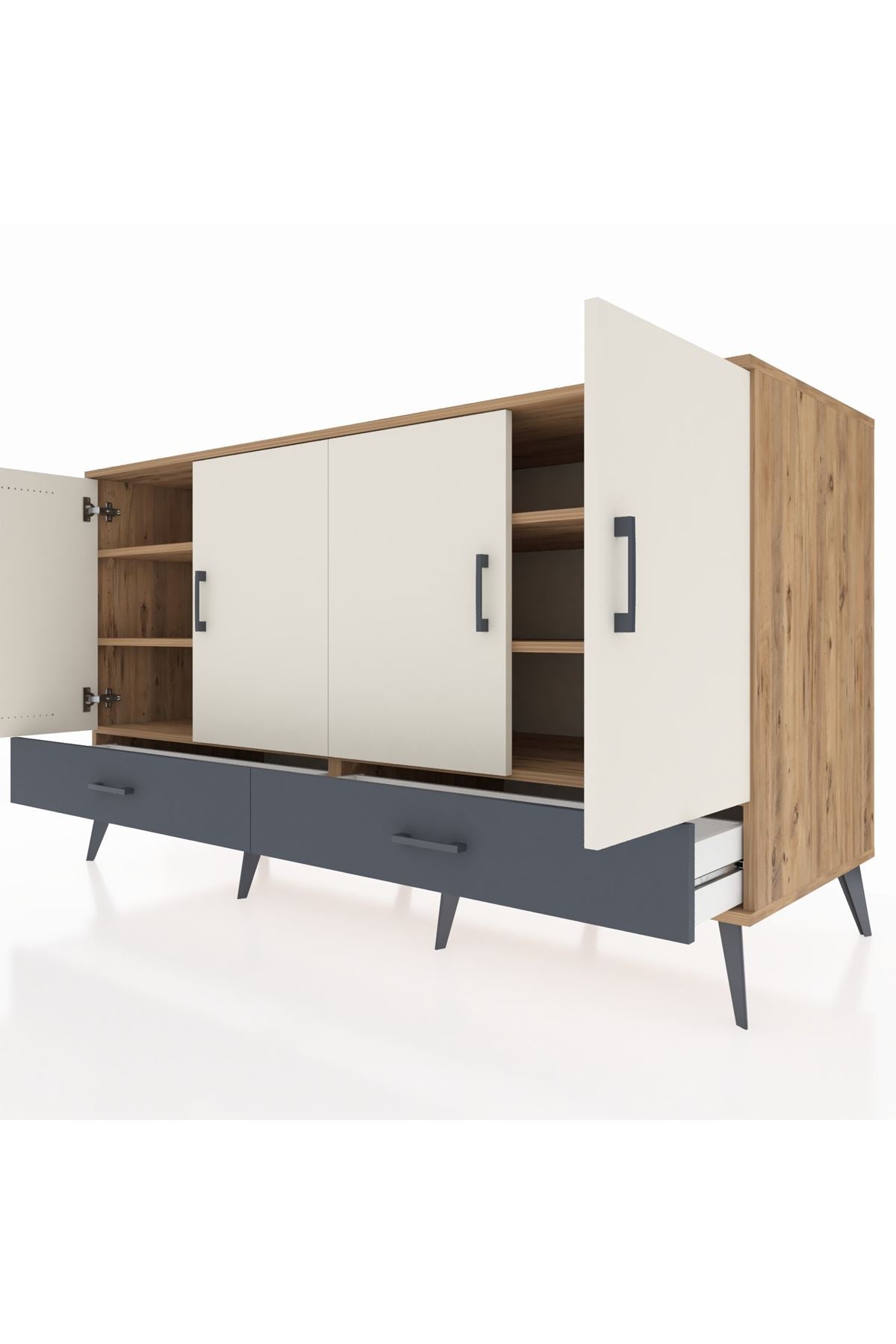 Kronos Konsol 6 Raflı 2 Çekmeceli 4 Kapaklı 176x59x99 Çam-Aytaşı/Antrasit