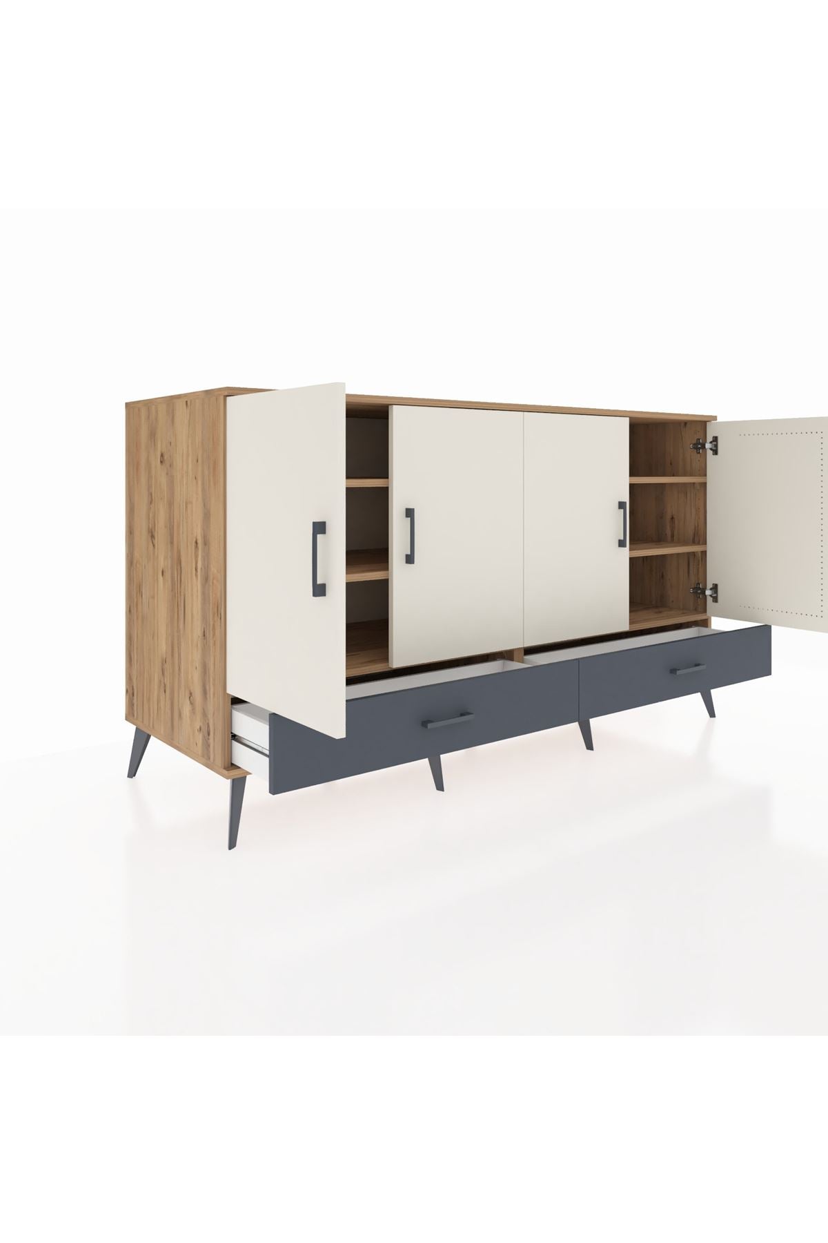 Kronos Konsol 6 Raflı 2 Çekmeceli 4 Kapaklı 176x59x99 Çam-Aytaşı/Antrasit