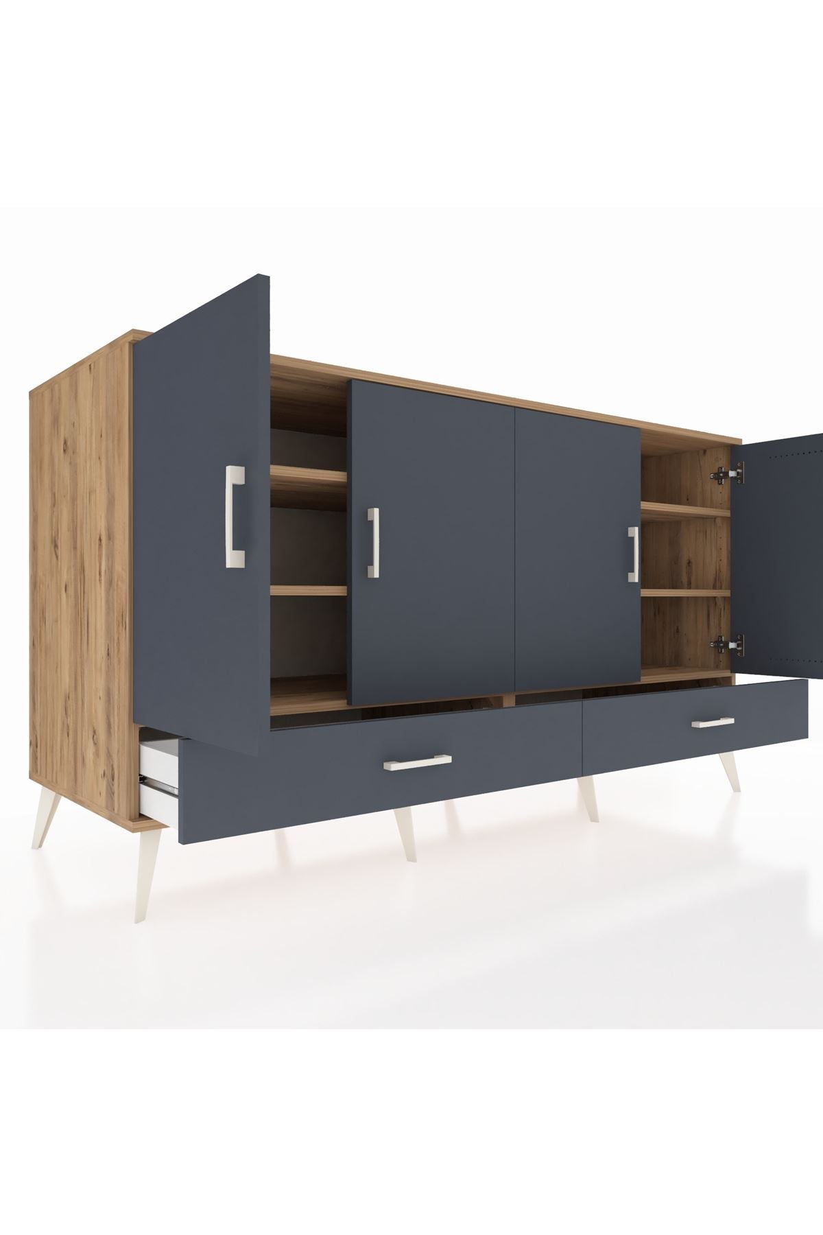 Kronos Konsol 6 Raflı 2 Çekmeceli 4 Kapaklı 176x59x99 Çam-Antrasit